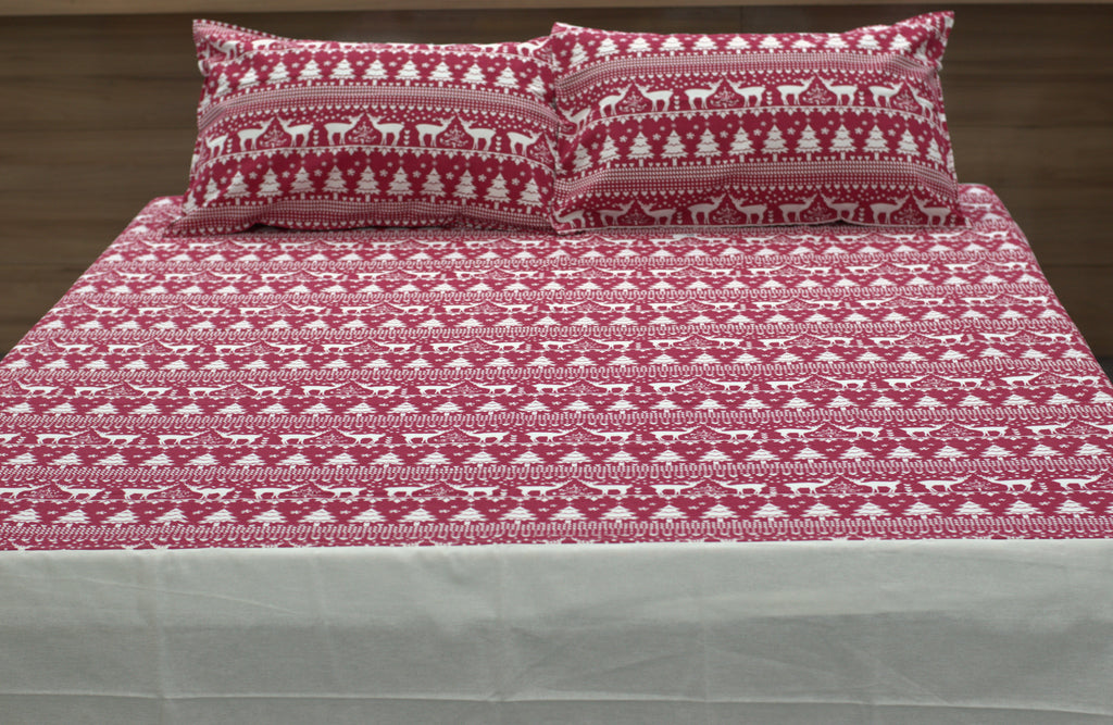 King Size Cotton Bedspread – Maroon & White Printed Design | 100 × 110 Inches