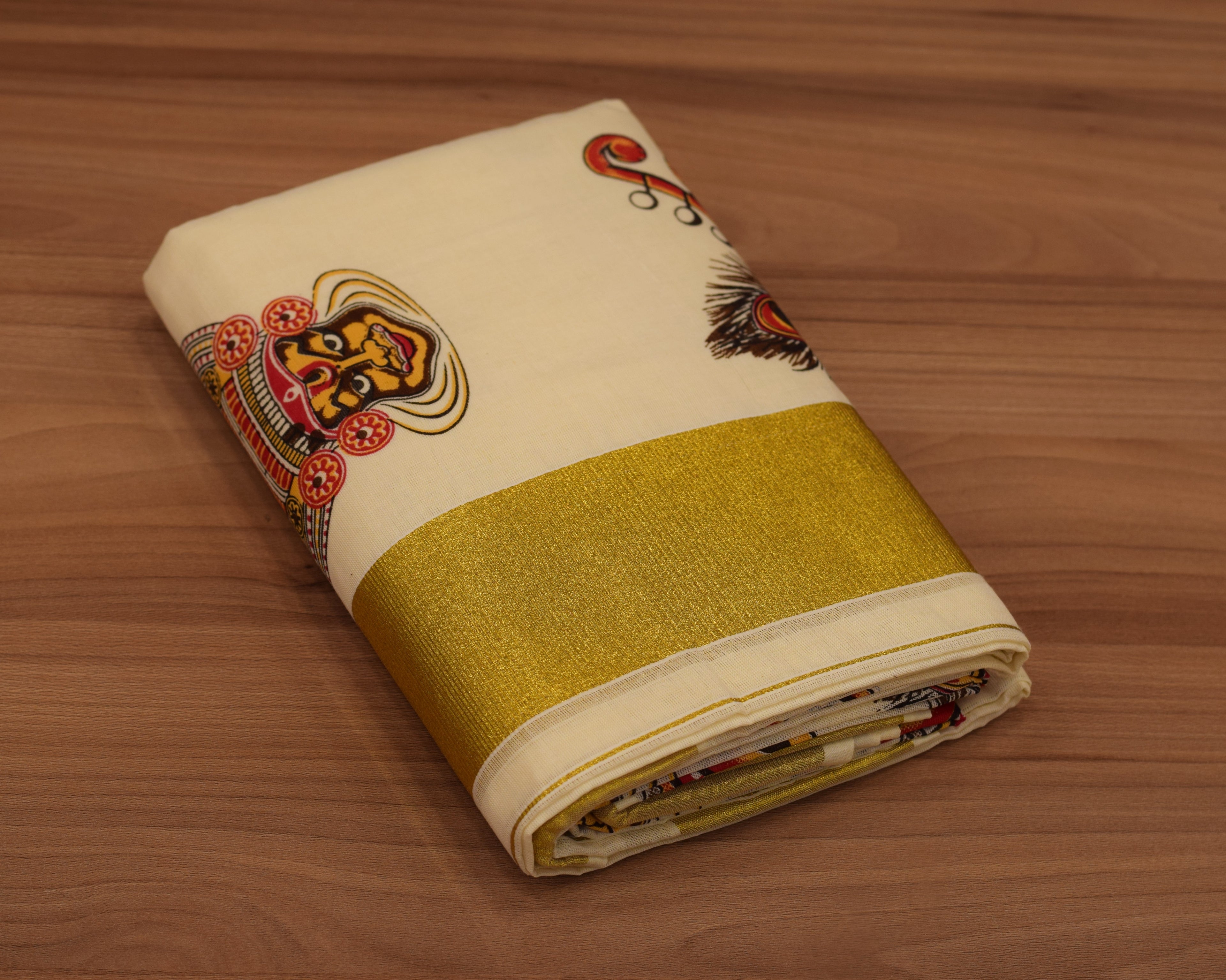 Traditional Kerala Cotton Set Mundu (Mundum Neriyathum) with Kathakali  Veena Art Prints and Gold kasavu Border