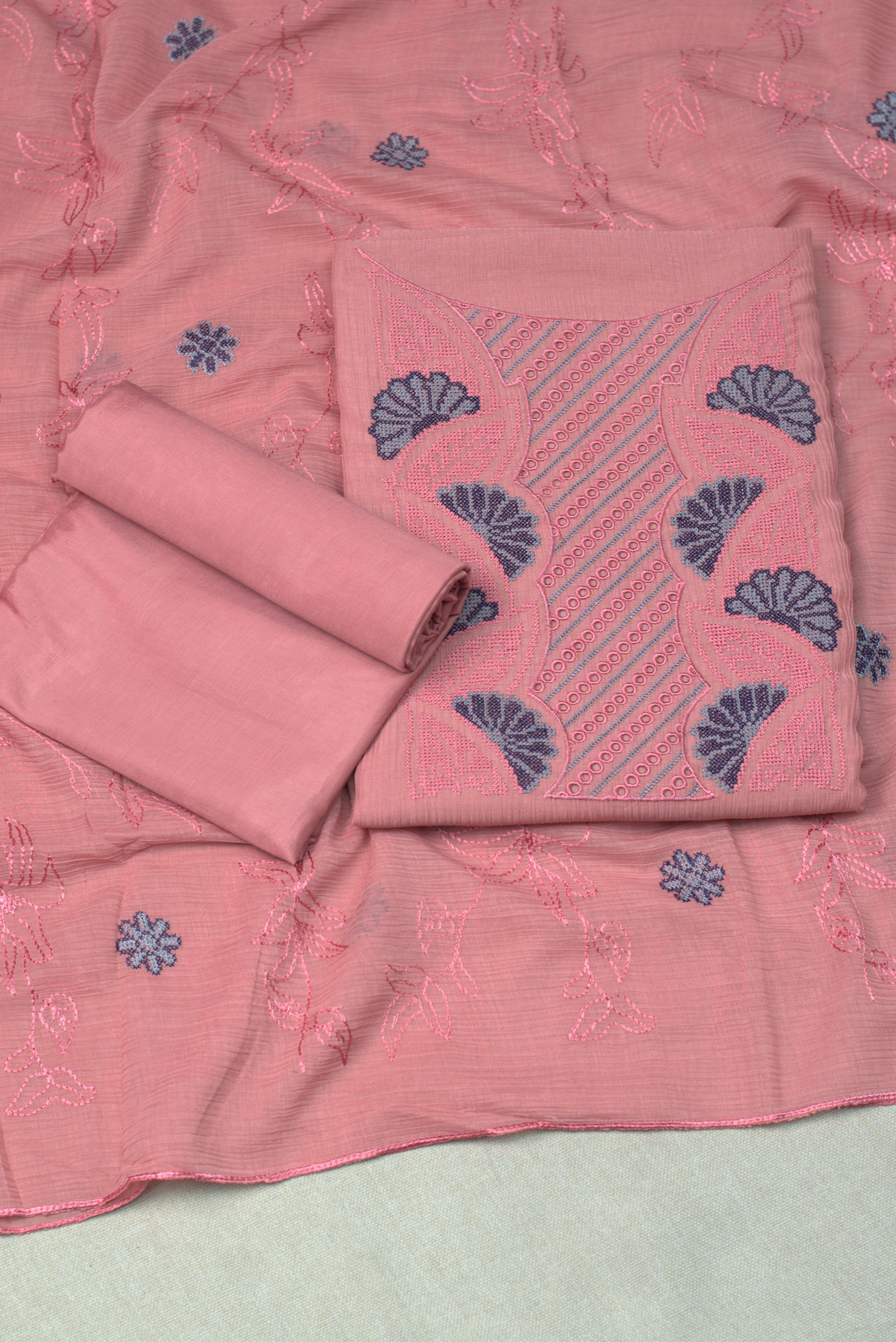 Blush Pink Christ Georgette Embroidered Churidar Material Set for Women