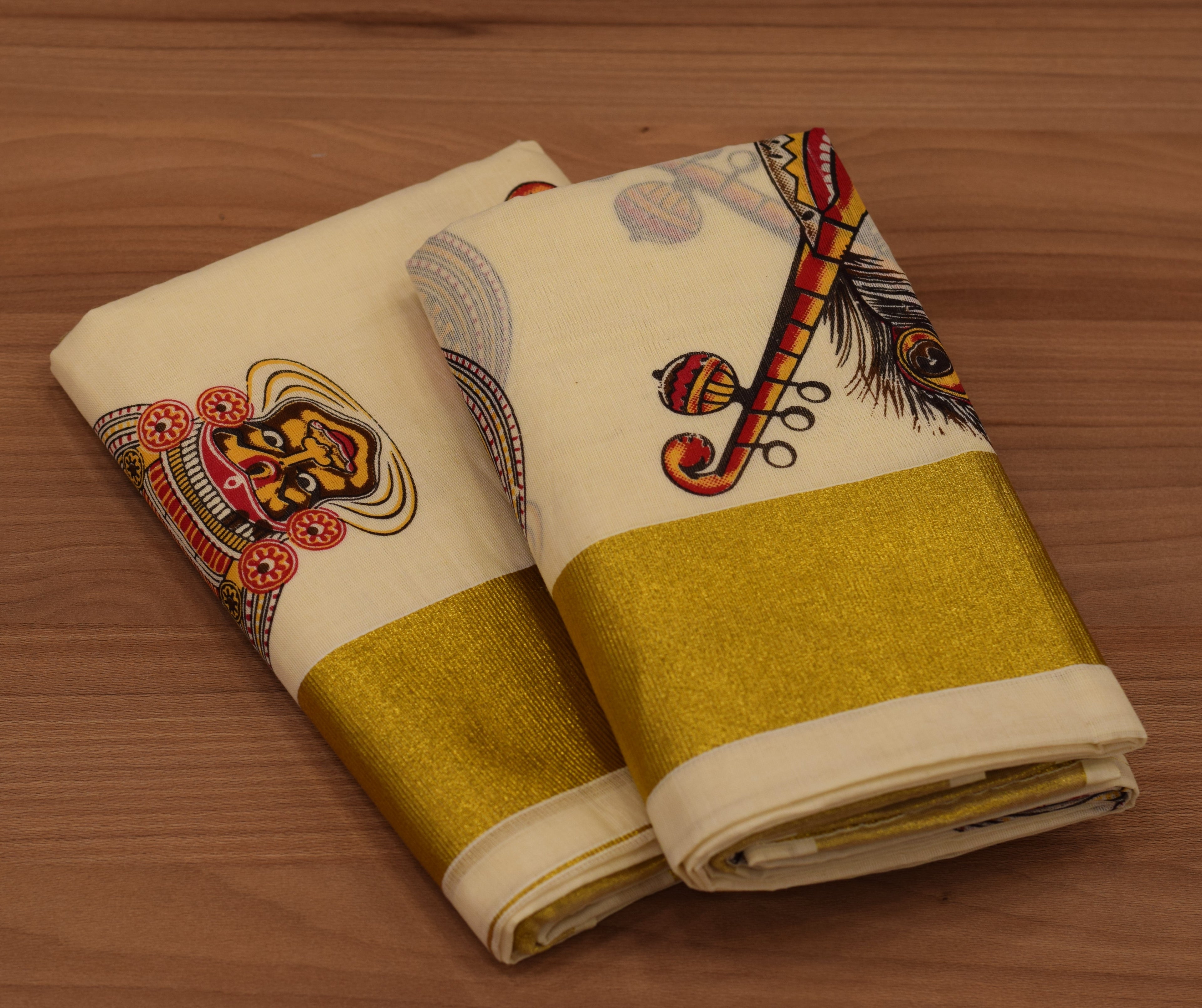 Traditional Kerala Cotton Set Mundu (Mundum Neriyathum) with Kathakali  Veena Art Prints and Gold kasavu Border