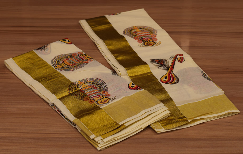 Traditional Kerala Cotton Set Mundu (Mundum Neriyathum) with Kathakali  Veena Art Prints and Gold kasavu Border