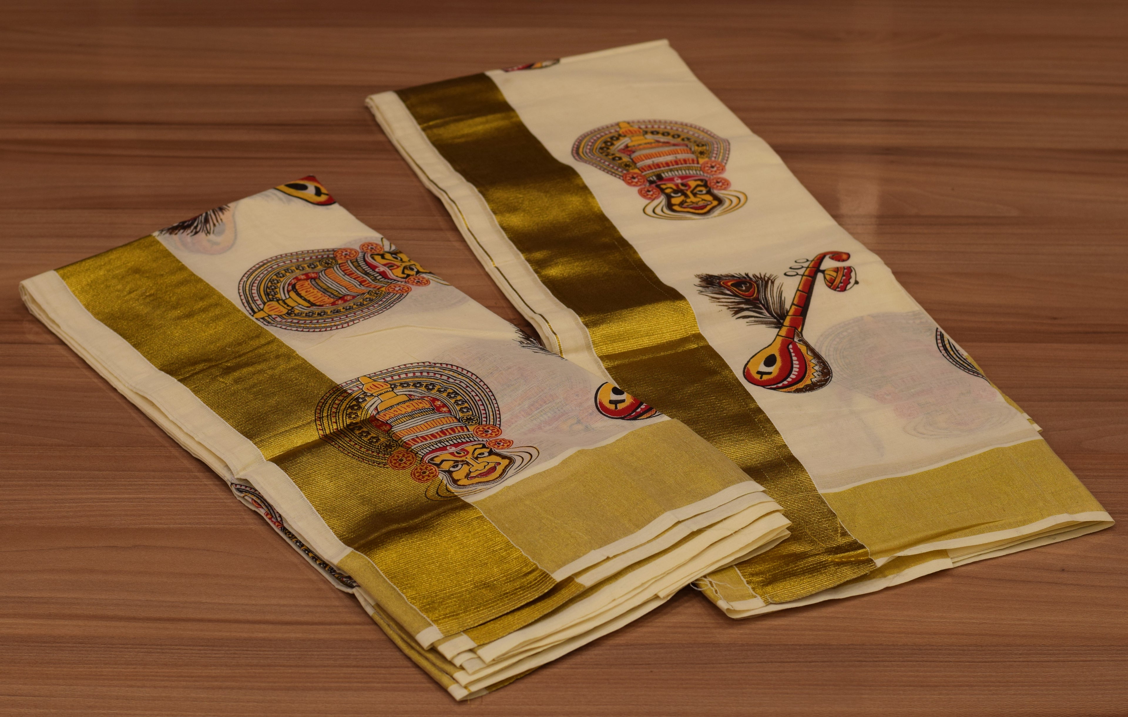 Traditional Kerala Cotton Set Mundu (Mundum Neriyathum) with Kathakali  Veena Art Prints and Gold kasavu Border