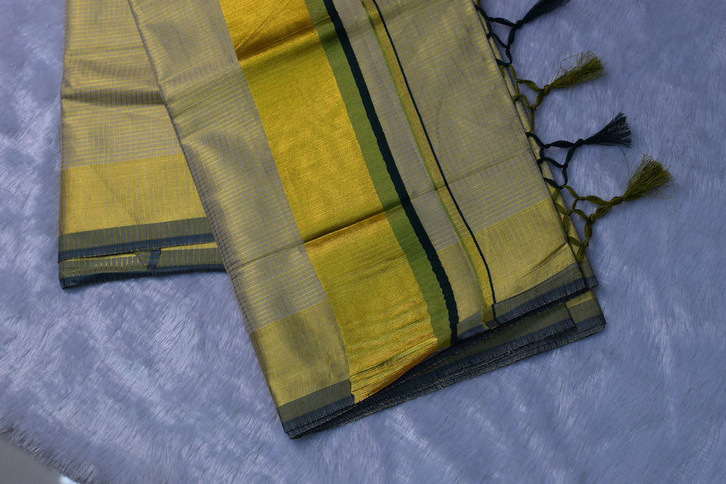 Cream & Gold Kasavu Saree with Green Border & Tassels | Nushio