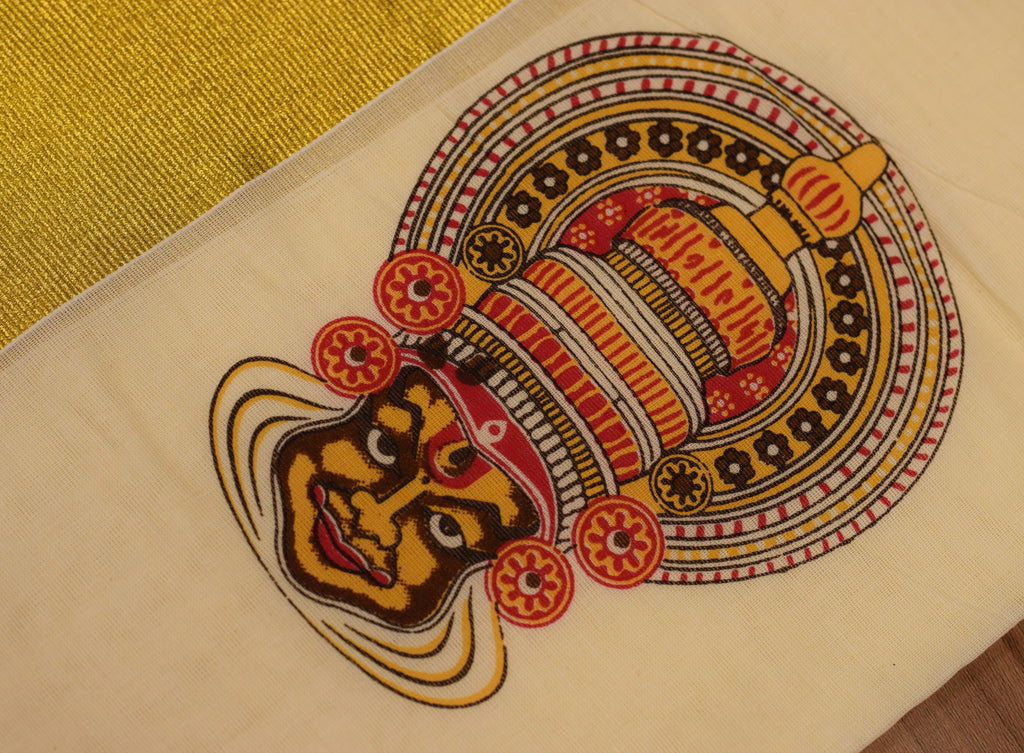 Traditional Kerala Cotton Set Mundu (Mundum Neriyathum) with Kathakali  Veena Art Prints and Gold kasavu Border