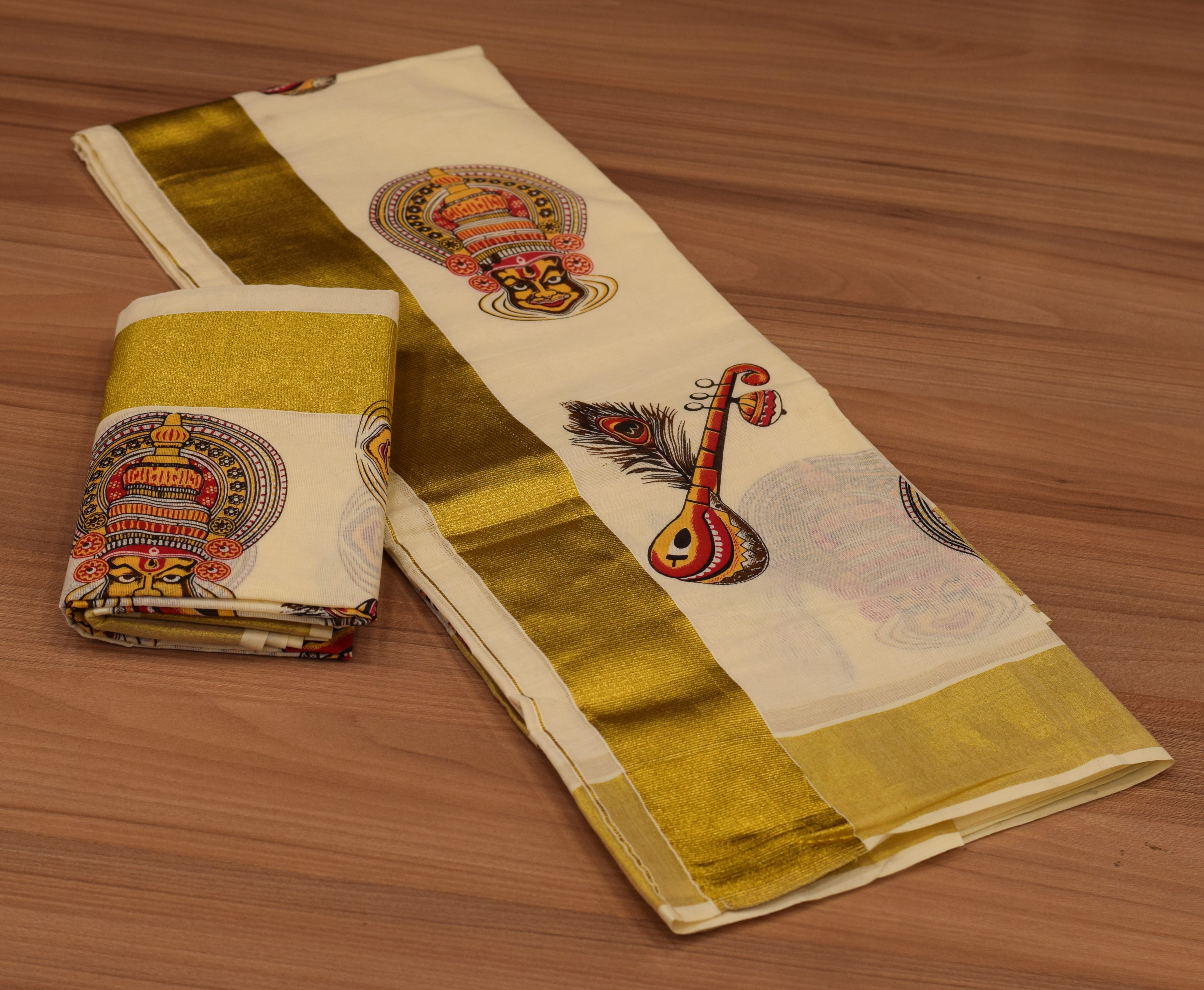 Traditional Kerala Cotton Set Mundu (Mundum Neriyathum) with Kathakali  Veena Art Prints and Gold kasavu Border