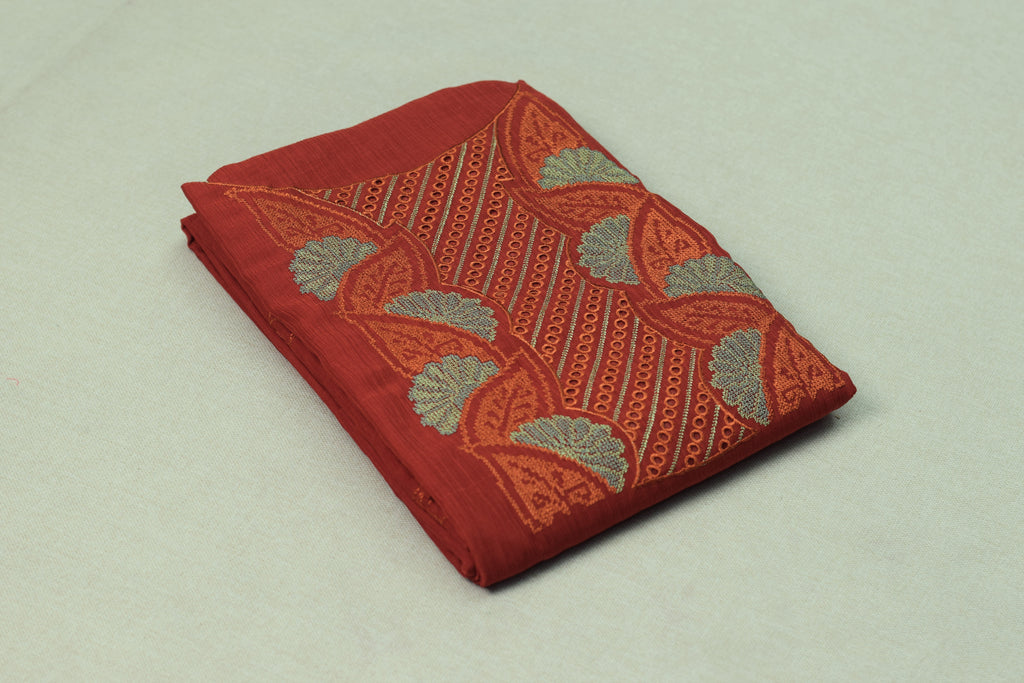 Rust Orange Christ Georgette Churidar Material Set with Embroidered Neck Design & Dupatta