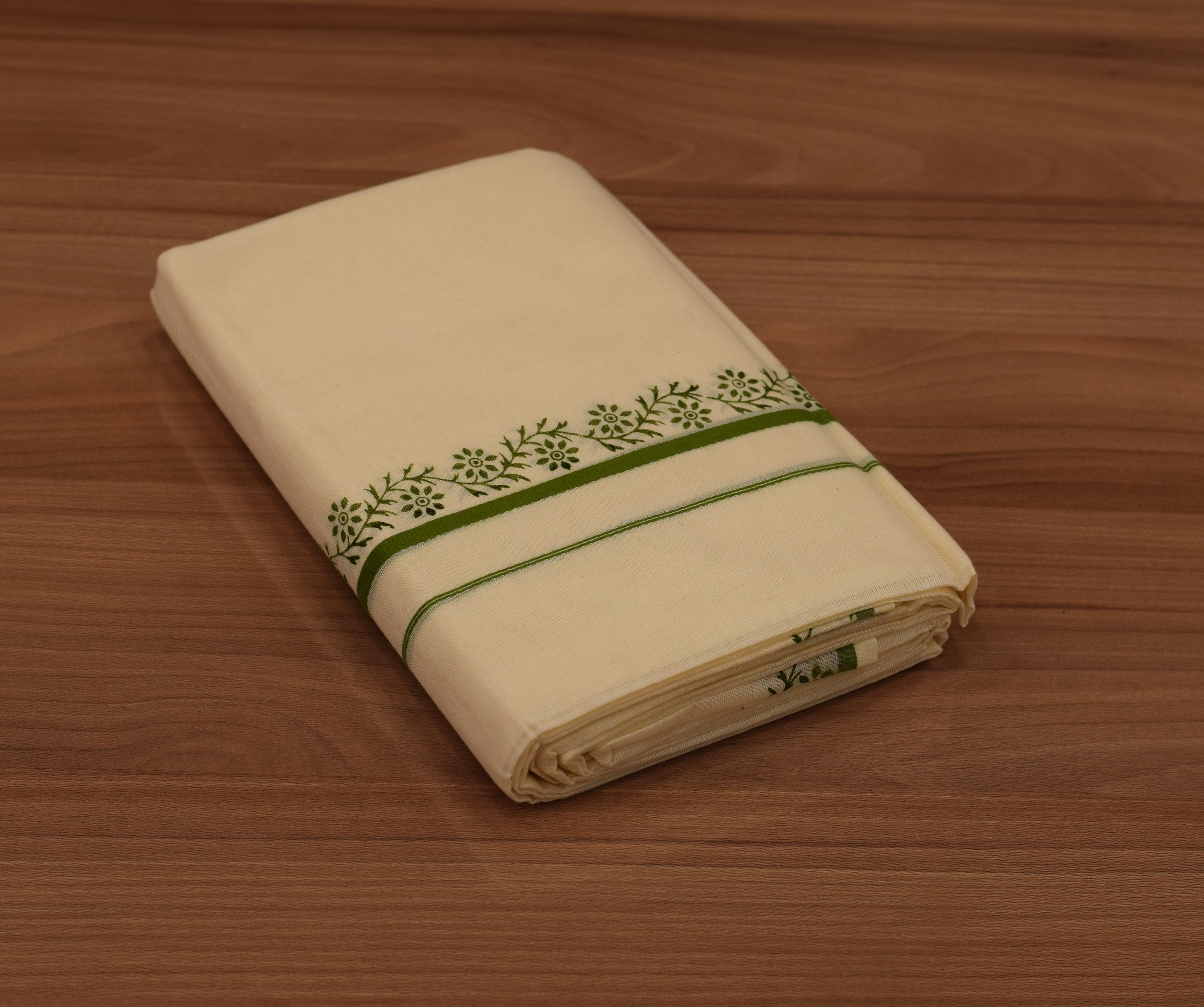 Traditional Kerala Cotton Set Mundu with Green Floral Print and Green Border
