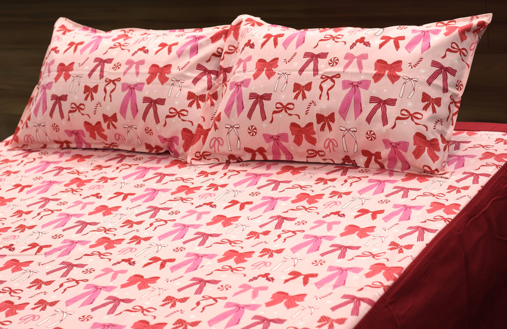 King Size Cotton Bedspread – Pink Bow Print with Red Border | 100 × 110 Inches