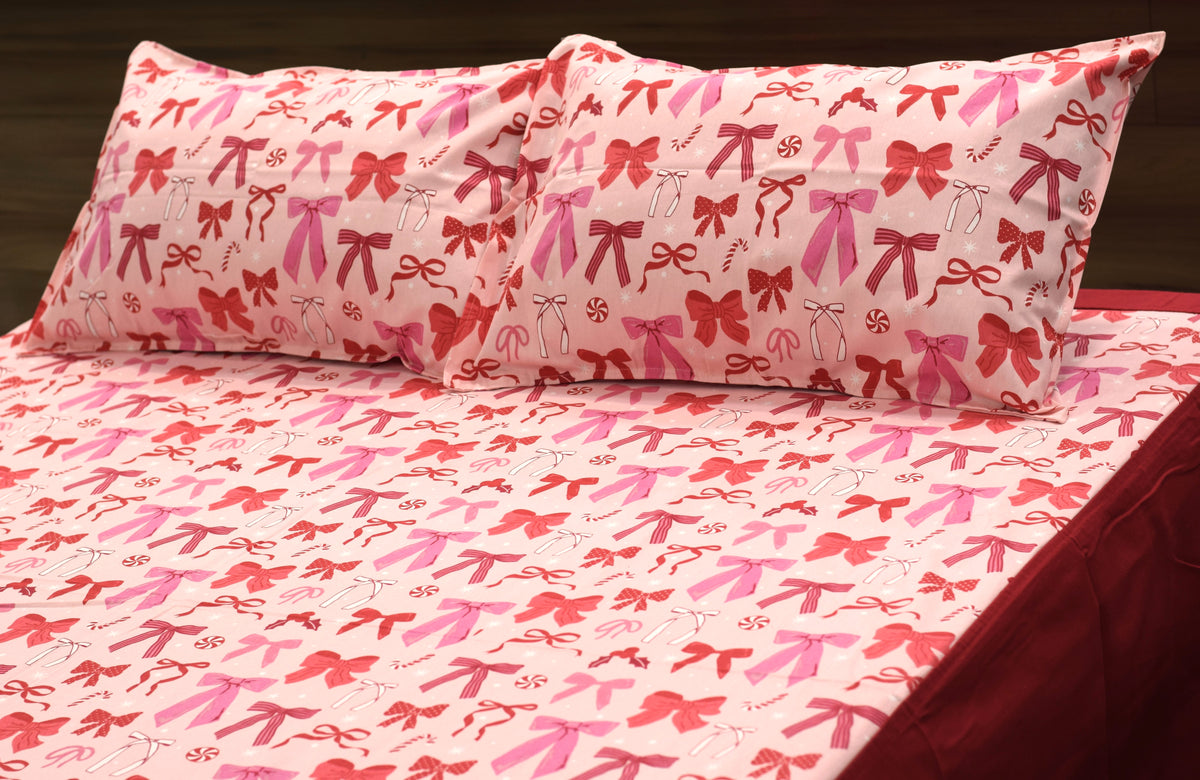 King Size Cotton Bedspread – Pink Bow Print with Red Border | 100 × 110 Inches