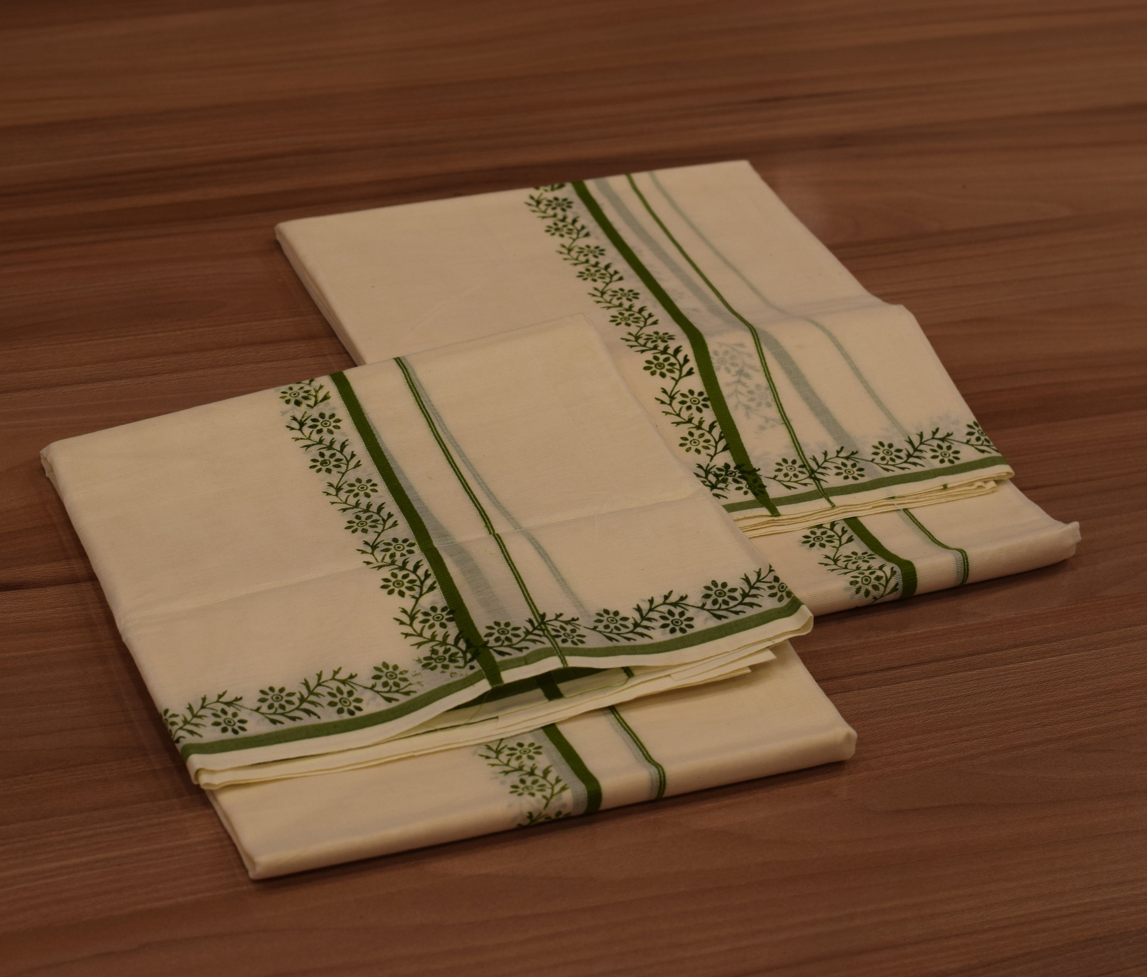 Traditional Kerala Cotton Set Mundu with Green Floral Print and Green Border
