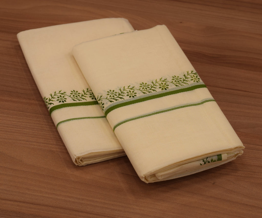 Traditional Kerala Cotton Set Mundu with Green Floral Print and Green Border