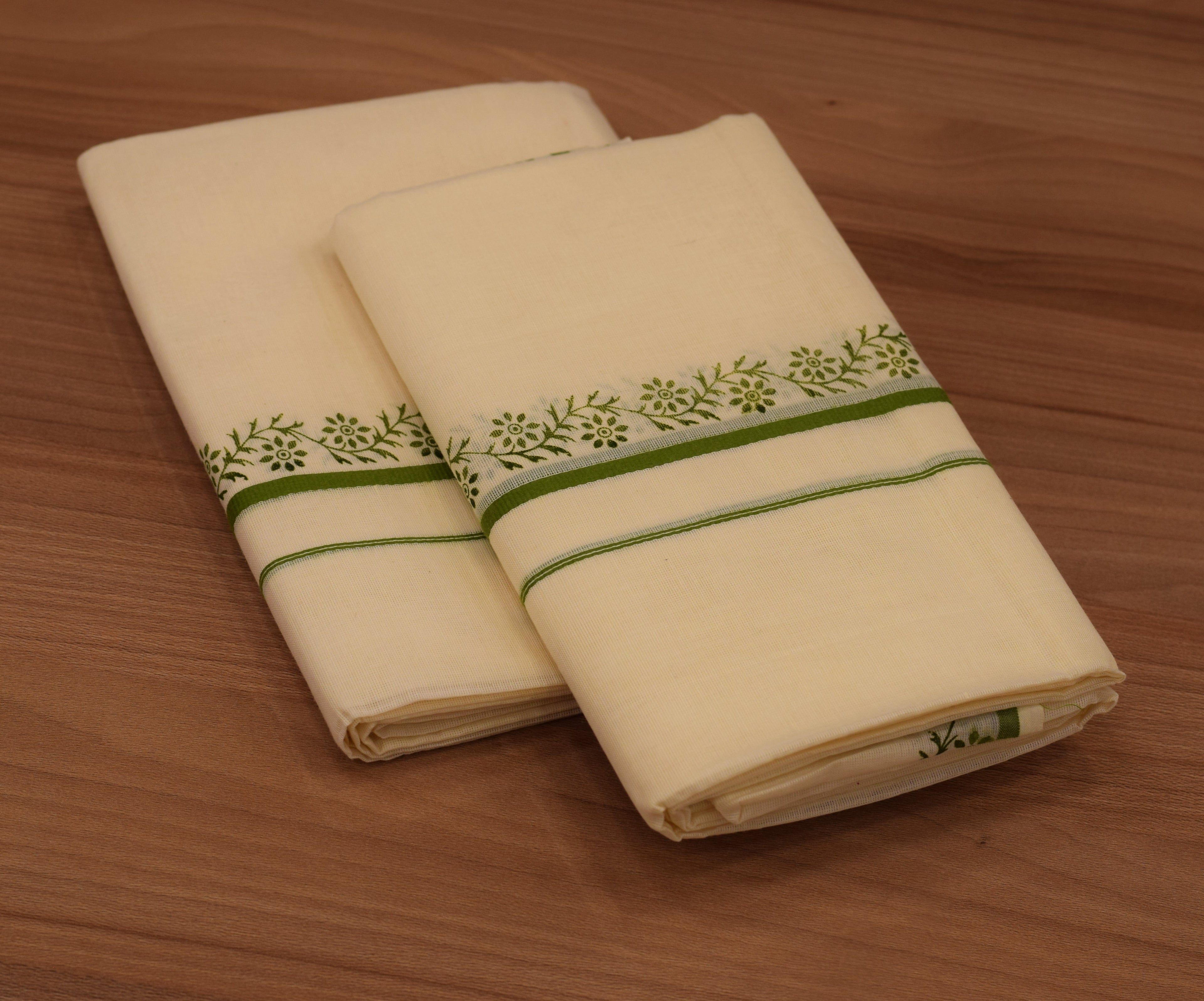 Traditional Kerala Cotton Set Mundu with Green Floral Print and Green Border
