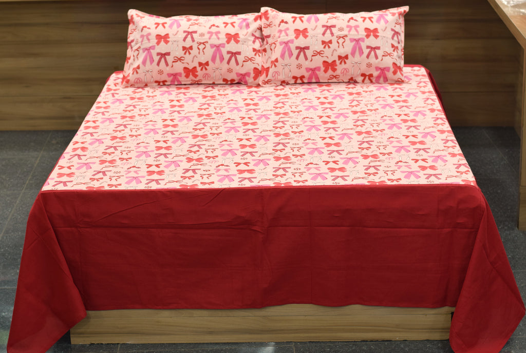 King Size Cotton Bedspread – Pink Bow Print with Red Border | 100 × 110 Inches
