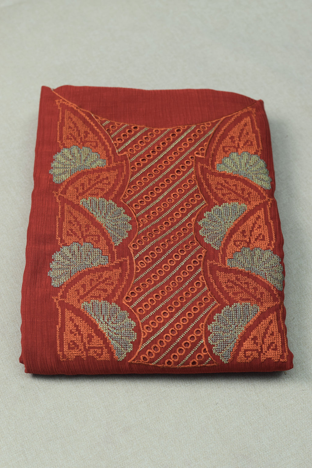 Rust Orange Christ Georgette Churidar Material Set with Embroidered Neck Design & Dupatta