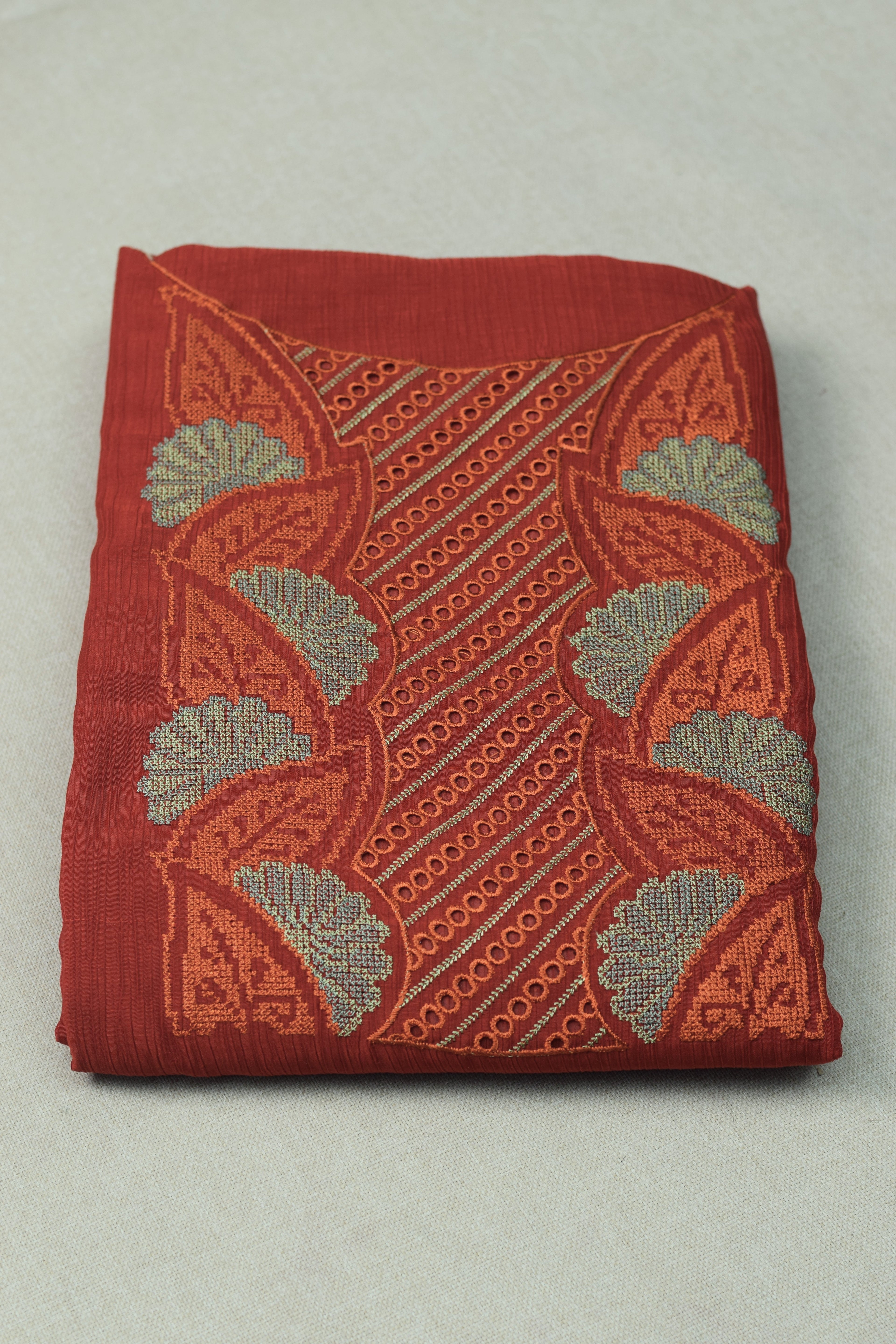 Rust Orange Christ Georgette Churidar Material Set with Embroidered Neck Design & Dupatta