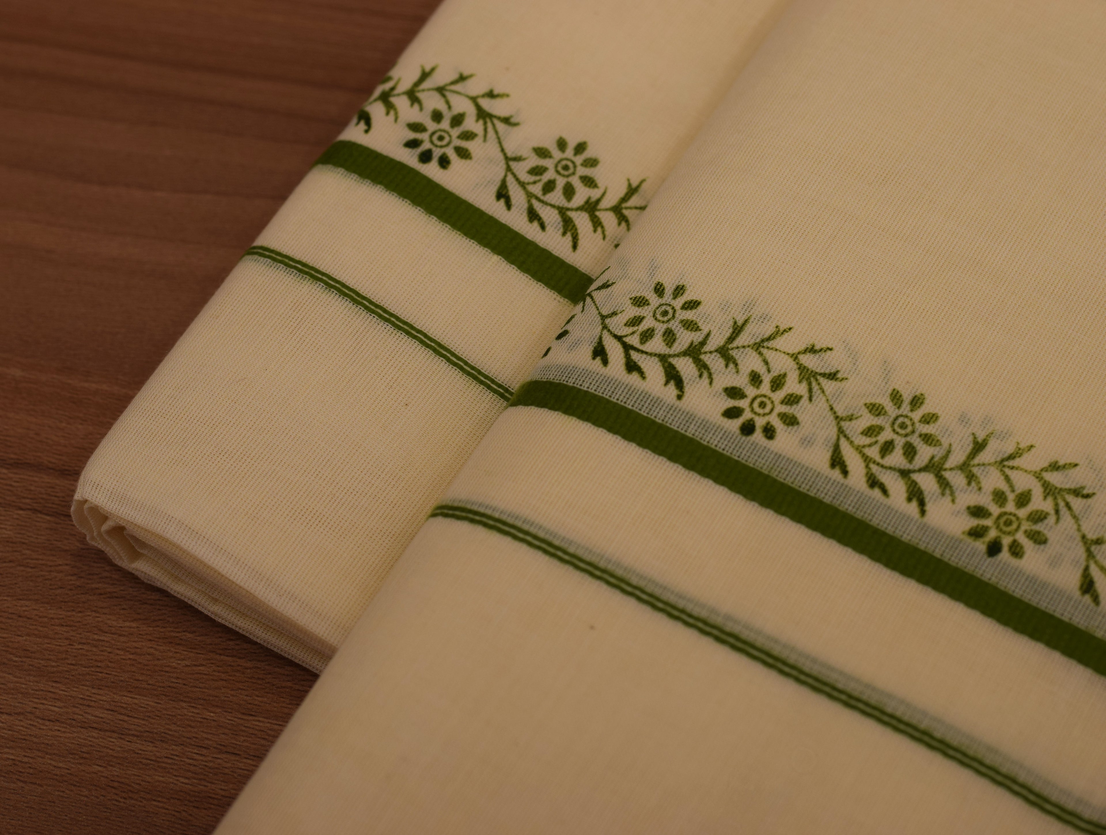 Traditional Kerala Cotton Set Mundu with Green Floral Print and Green Border