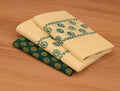 Traditional Kerala Cotton Striped Set Mundu with Green Floral Print and Matching Printed Blouse Piece