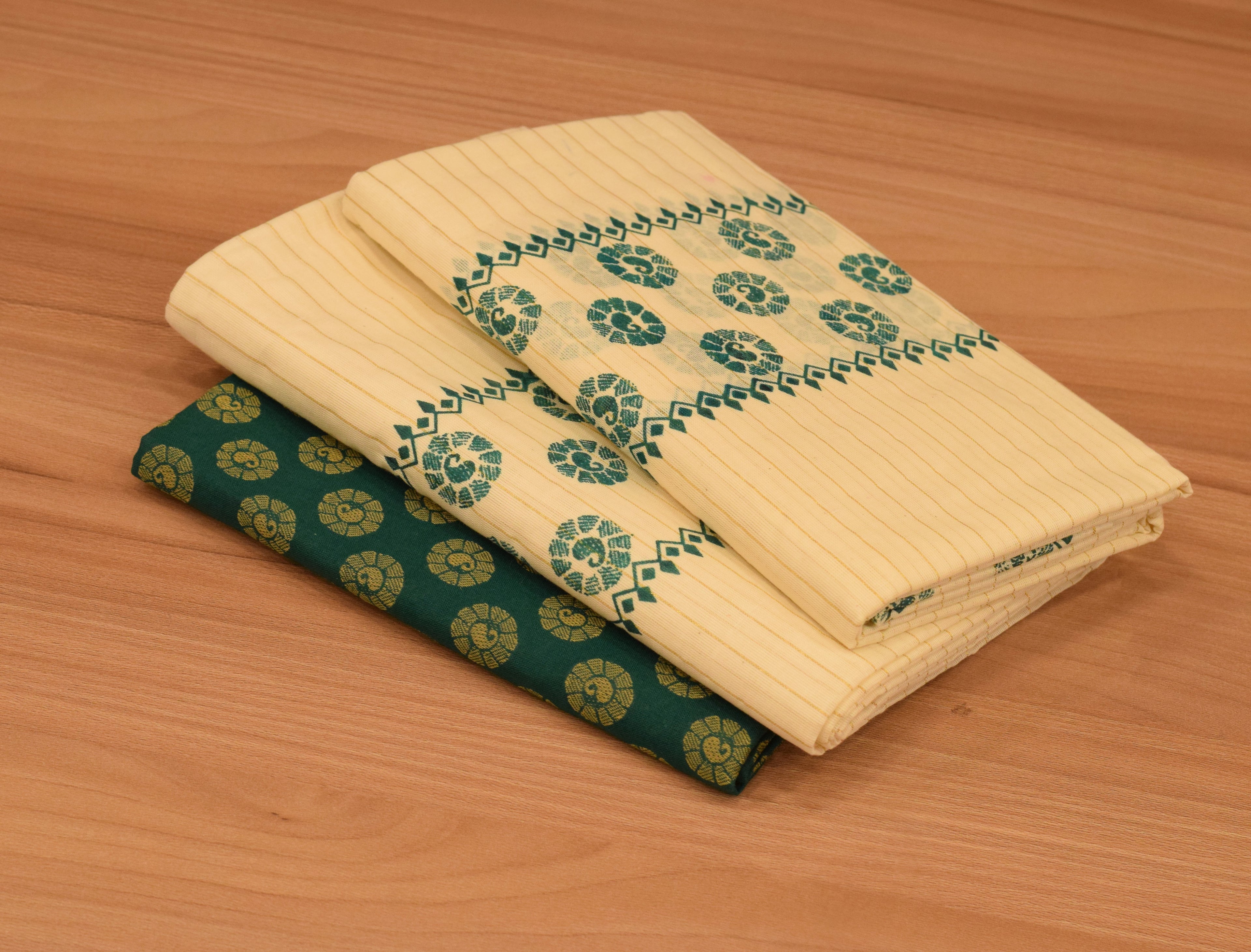 Traditional Kerala Cotton Striped Set Mundu with Green Floral Print and Matching Printed Blouse Piece