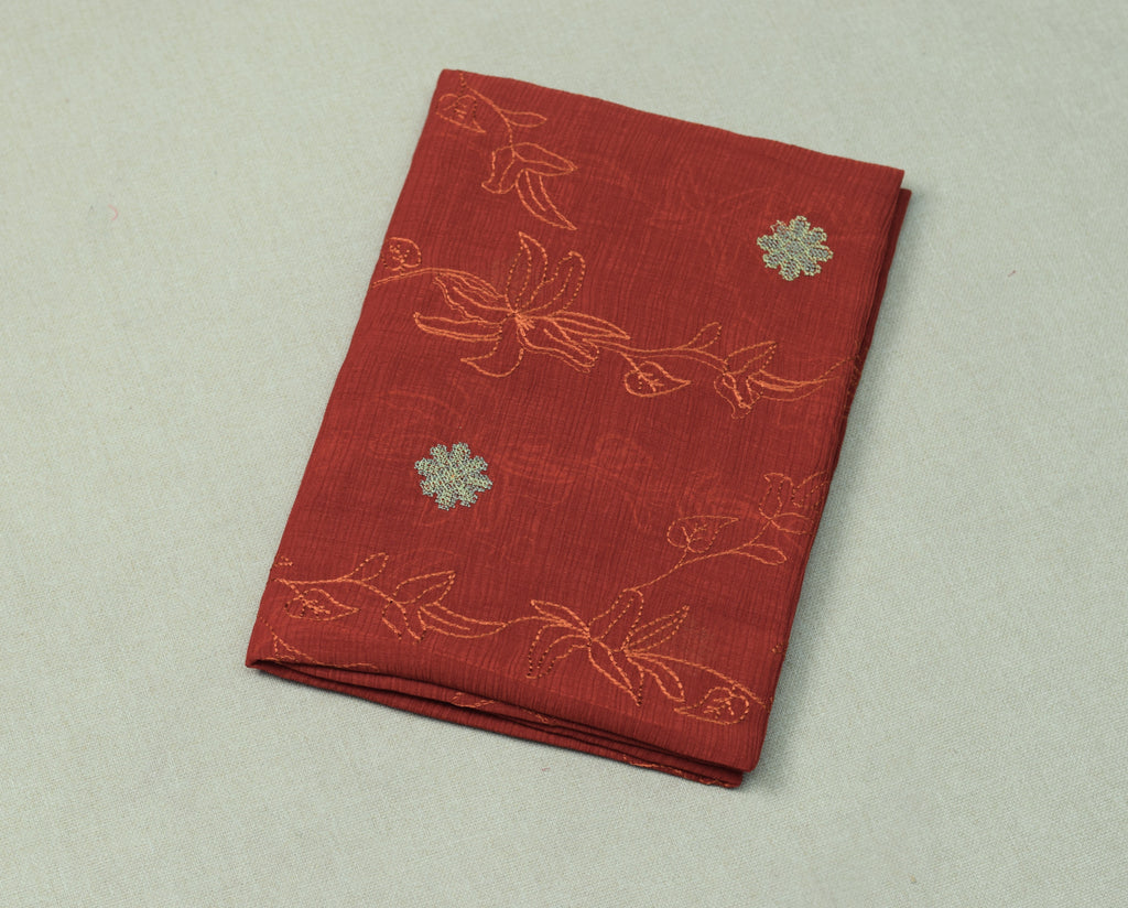 Rust Orange Christ Georgette Churidar Material Set with Embroidered Neck Design & Dupatta