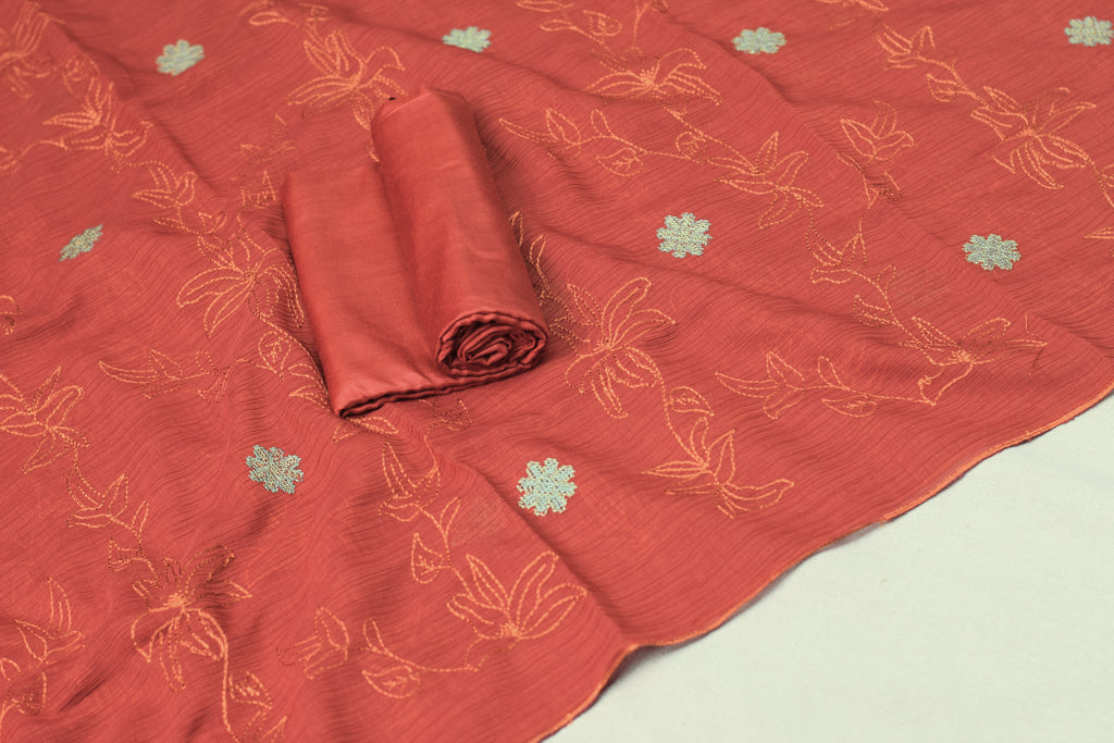 Rust Orange Christ Georgette Churidar Material Set with Embroidered Neck Design & Dupatta