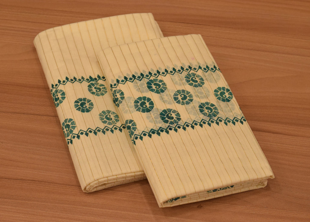 Traditional Kerala Cotton Striped Set Mundu with Green Floral Print and Matching Printed Blouse Piece
