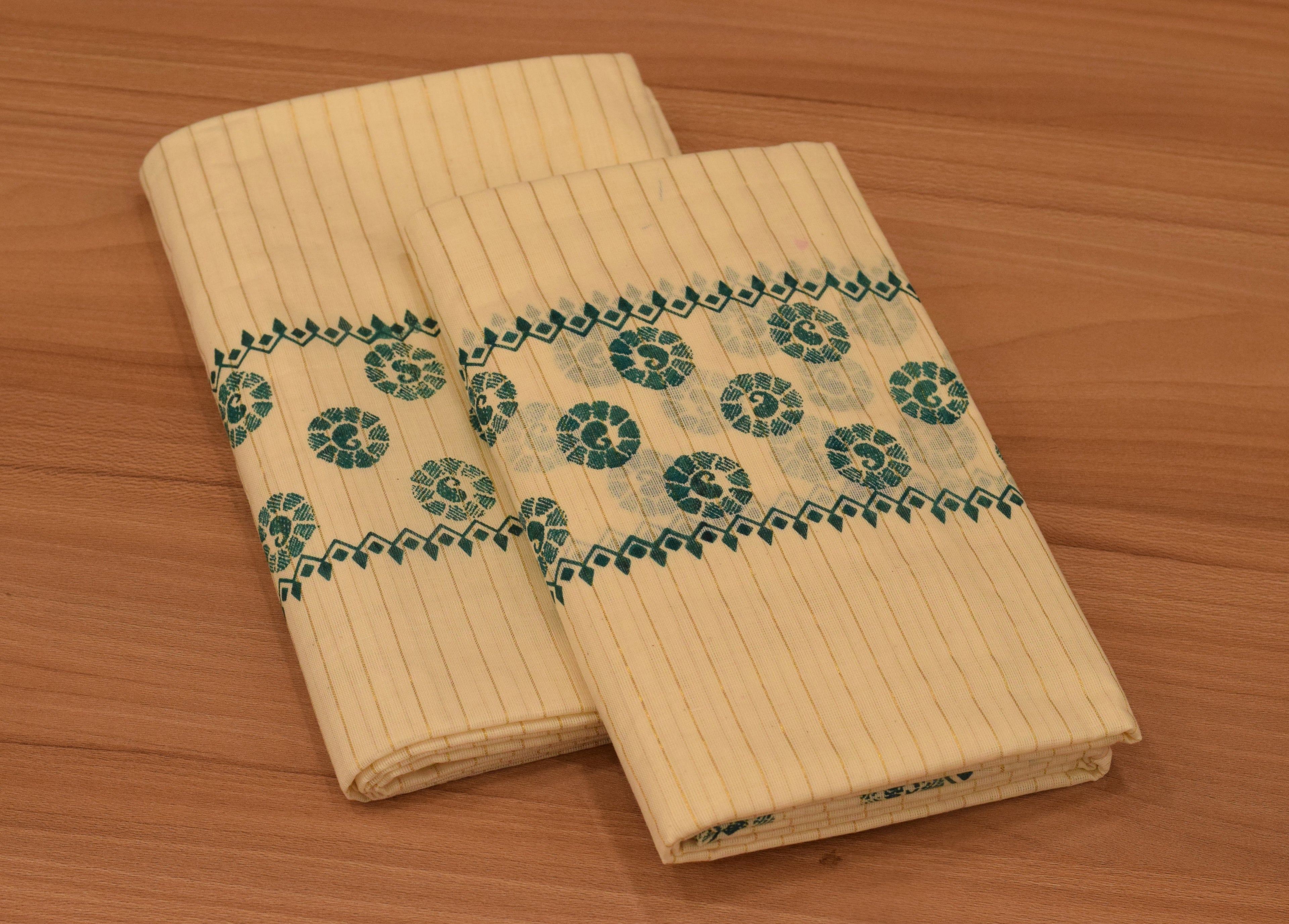 Traditional Kerala Cotton Striped Set Mundu with Green Floral Print and Matching Printed Blouse Piece