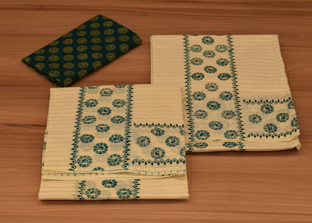 Traditional Kerala Cotton Striped Set Mundu with Green Floral Print and Matching Printed Blouse Piece