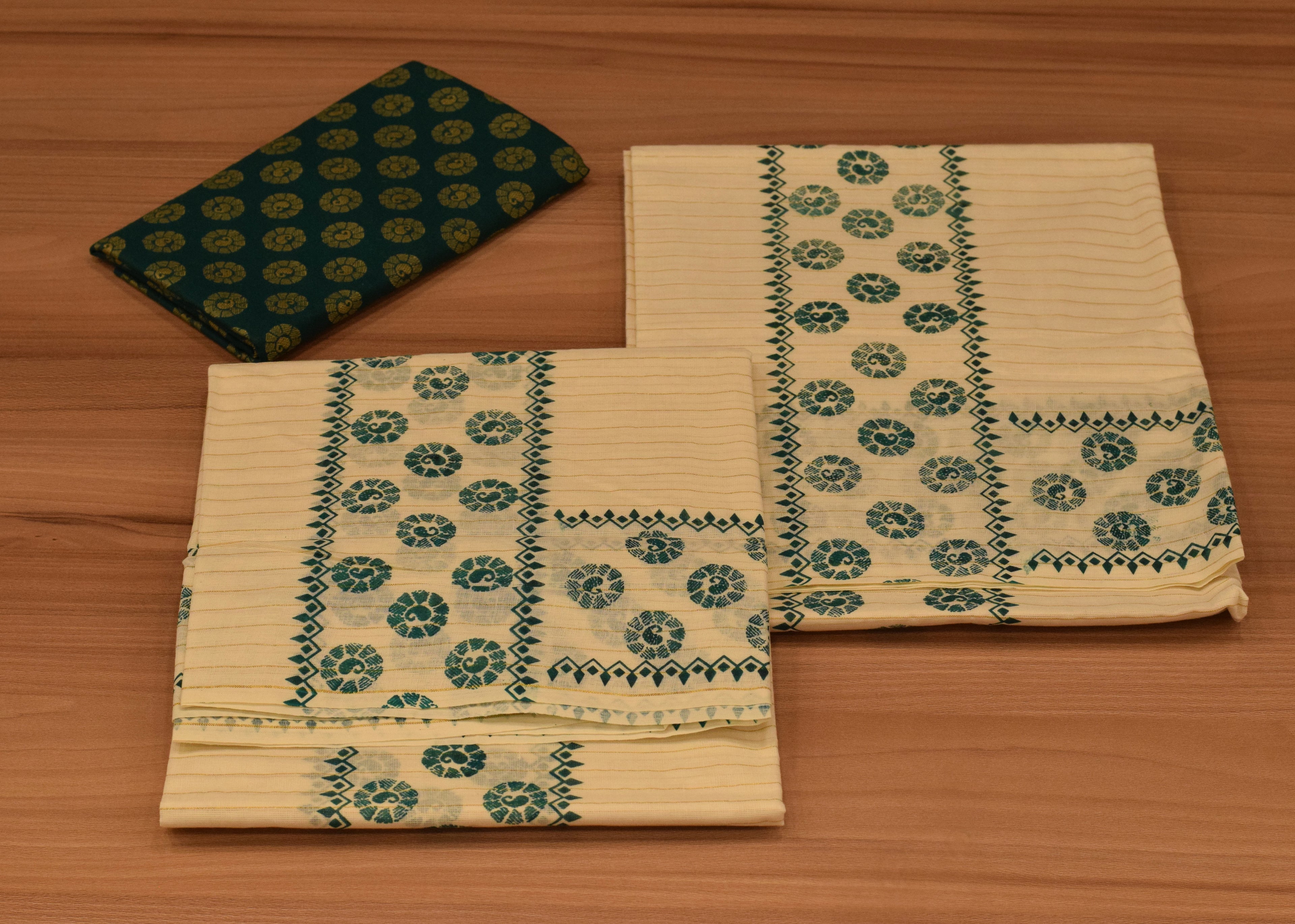Traditional Kerala Cotton Striped Set Mundu with Green Floral Print and Matching Printed Blouse Piece