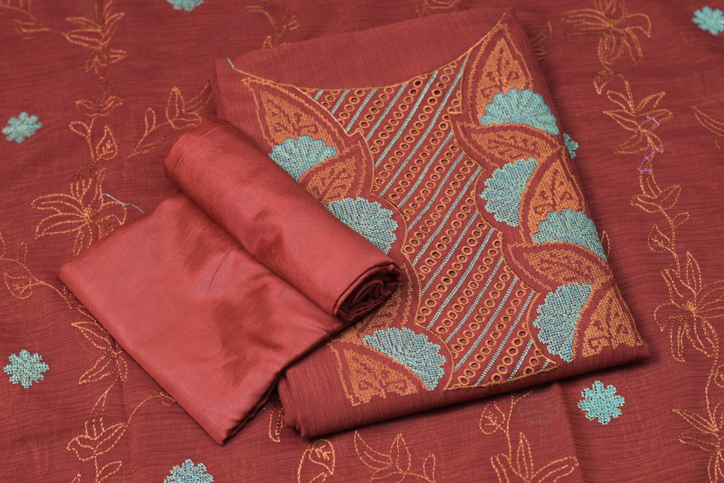 Rust Orange Christ Georgette Churidar Material Set with Embroidered Neck Design & Dupatta