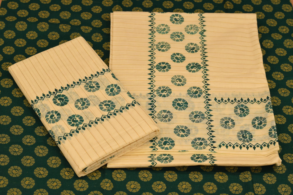 Traditional Kerala Cotton Striped Set Mundu with Green Floral Print and Matching Printed Blouse Piece