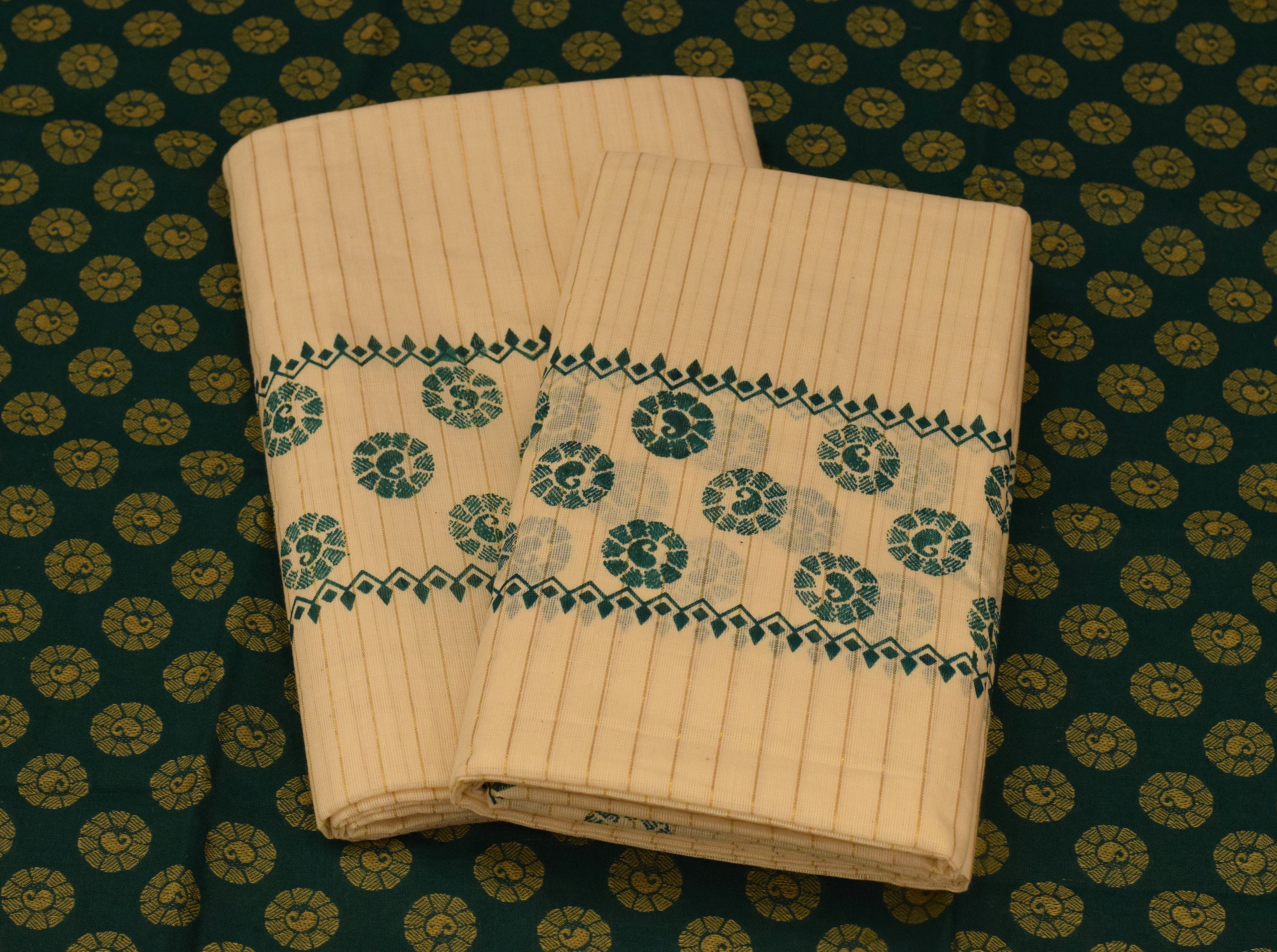 Traditional Kerala Cotton Striped Set Mundu with Green Floral Print and Matching Printed Blouse Piece