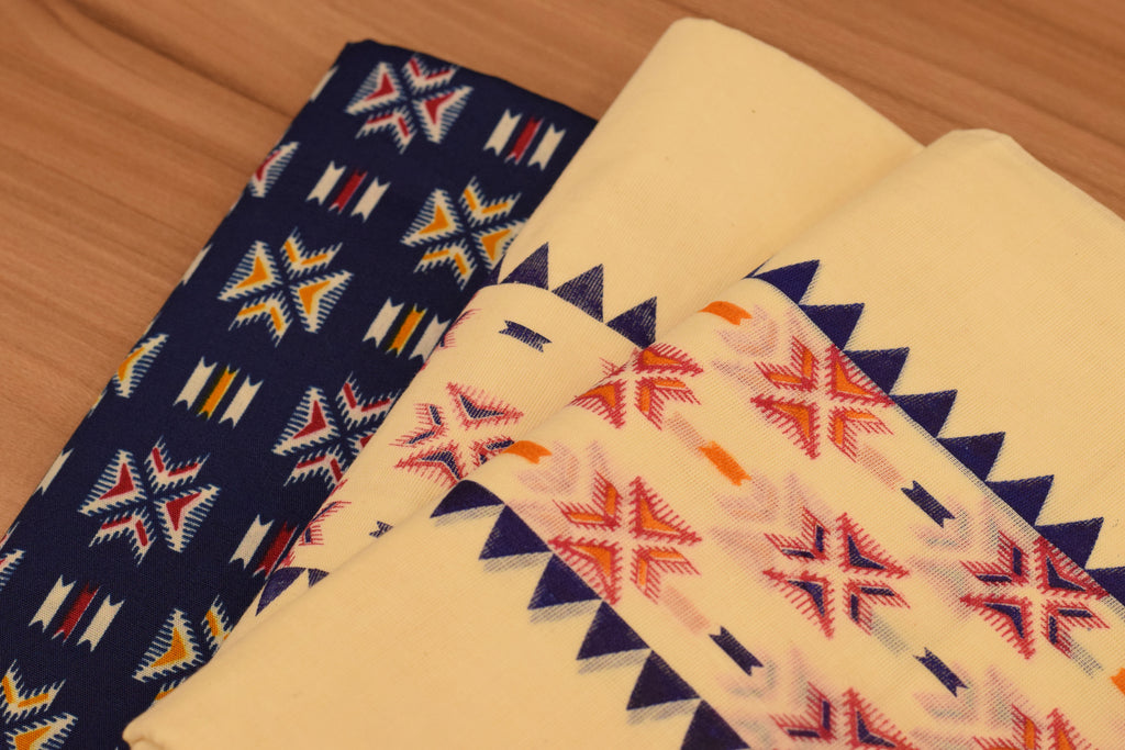 Women's Kerala Set Mundu with Navy Blue Printed Blouse Piece | Traditional Off-White Cotton 3-Piece Set