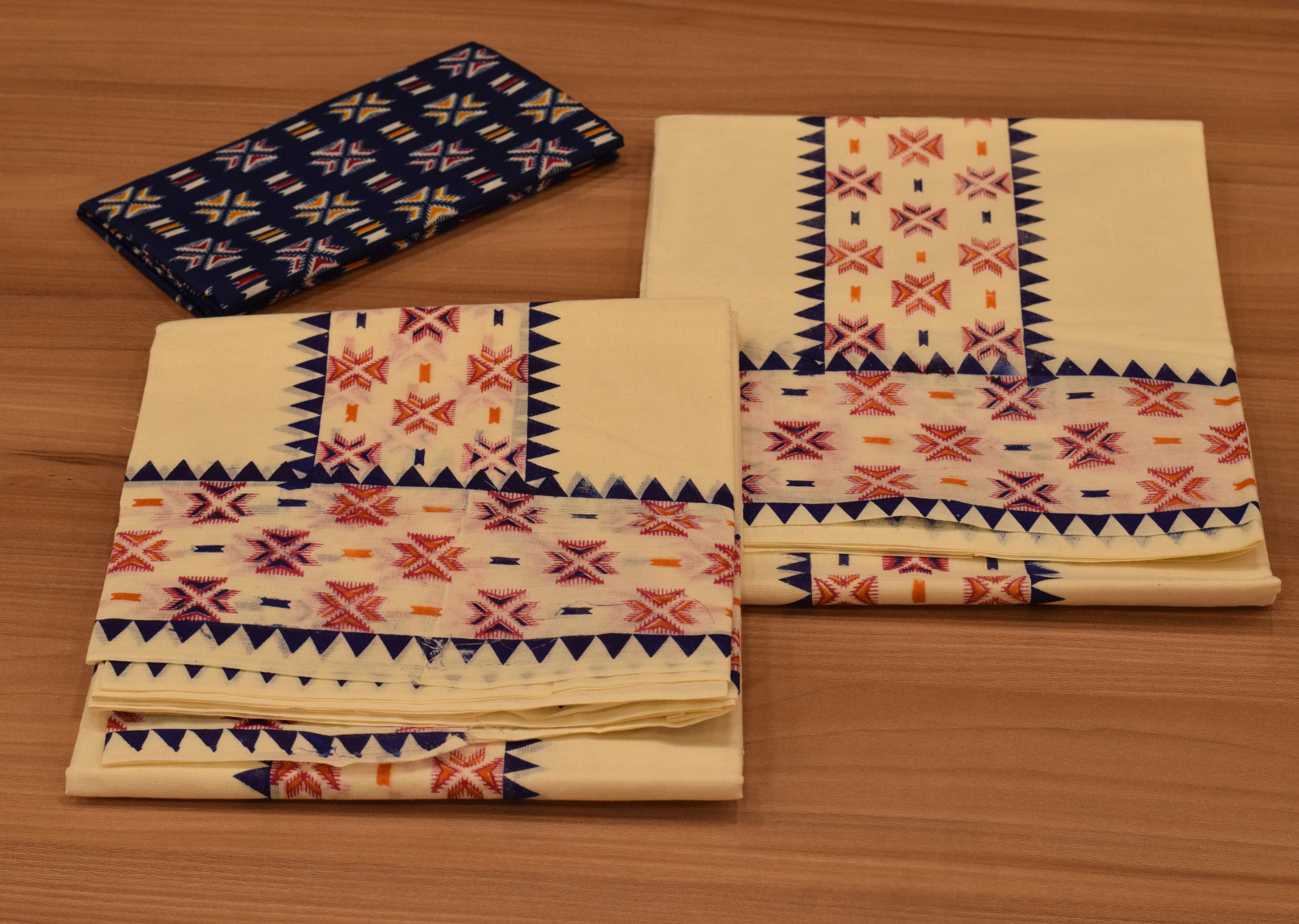 Women's Kerala Set Mundu with Navy Blue Printed Blouse Piece | Traditional Off-White Cotton 3-Piece Set