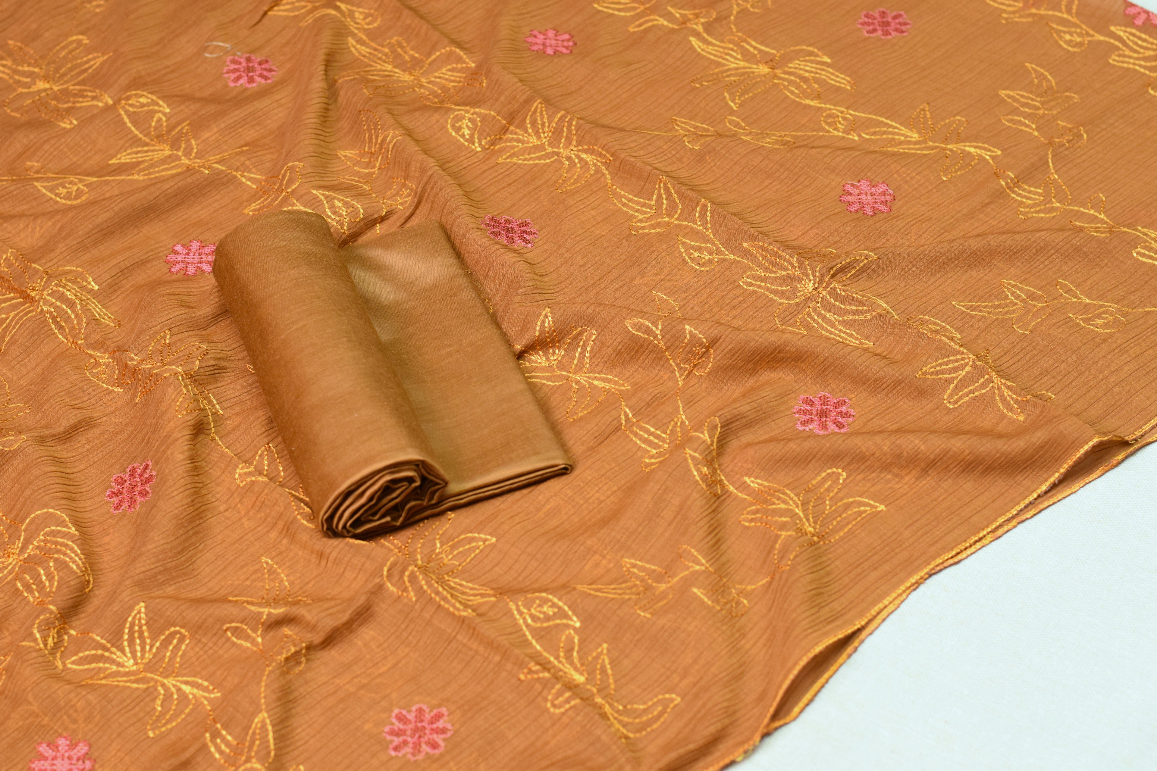 Rust Orange Christ Georgette Embroidered Churidar Material Set with Dupatta