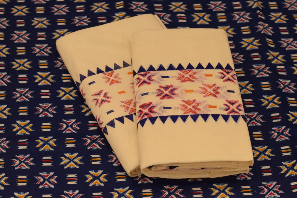 Women's Kerala Set Mundu with Navy Blue Printed Blouse Piece | Traditional Off-White Cotton 3-Piece Set