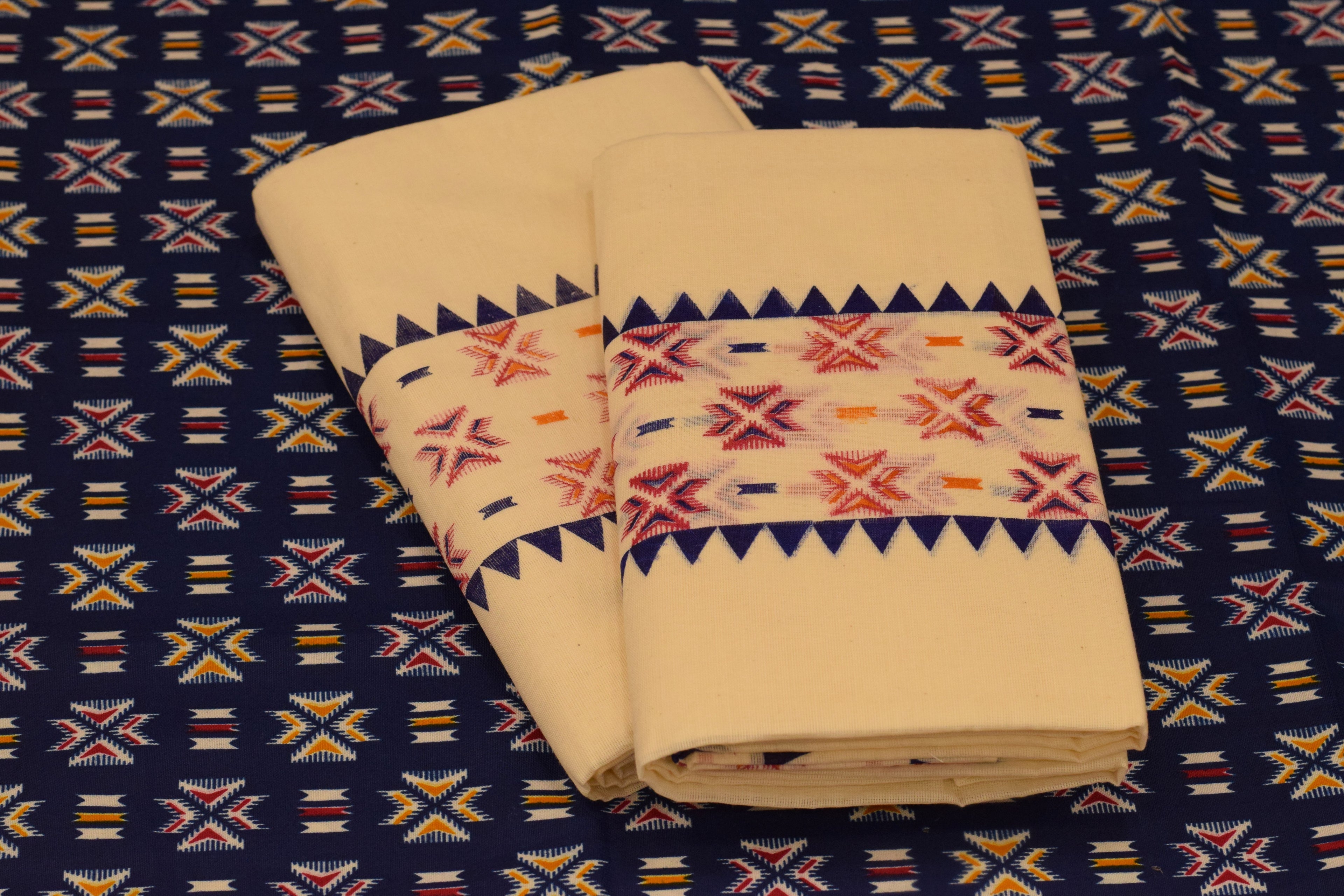 Women's Kerala Set Mundu with Navy Blue Printed Blouse Piece | Traditional Off-White Cotton 3-Piece Set