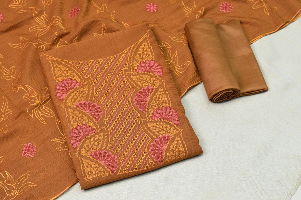 Rust Orange Christ Georgette Embroidered Churidar Material Set with Dupatta