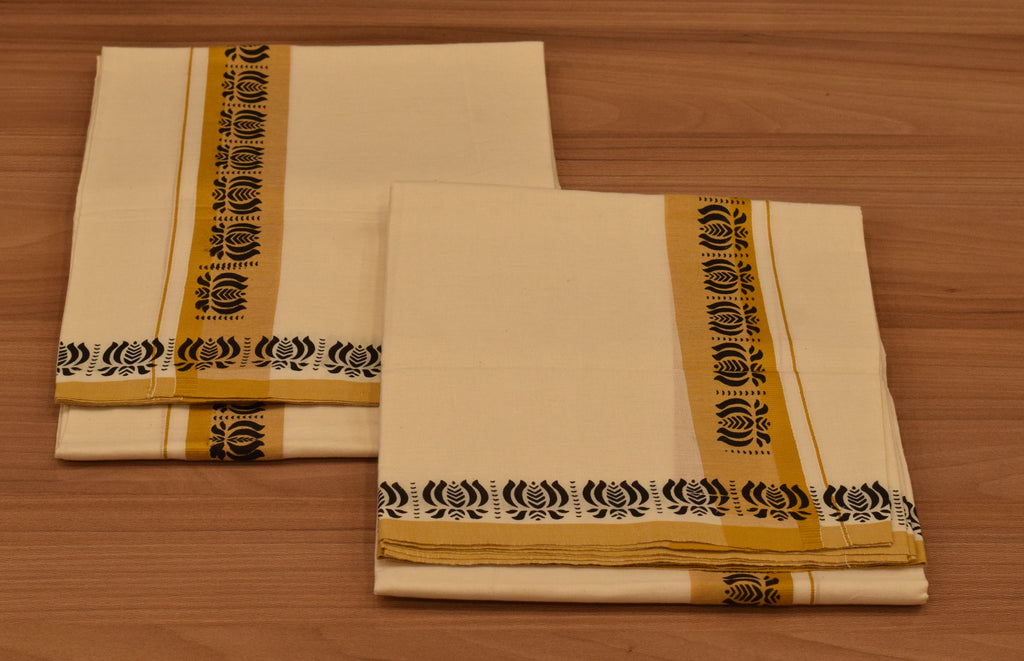 Women's Kerala Set Mundu with Traditional Printed Border | Off-White Cotton 2-Piece Ethnic Set