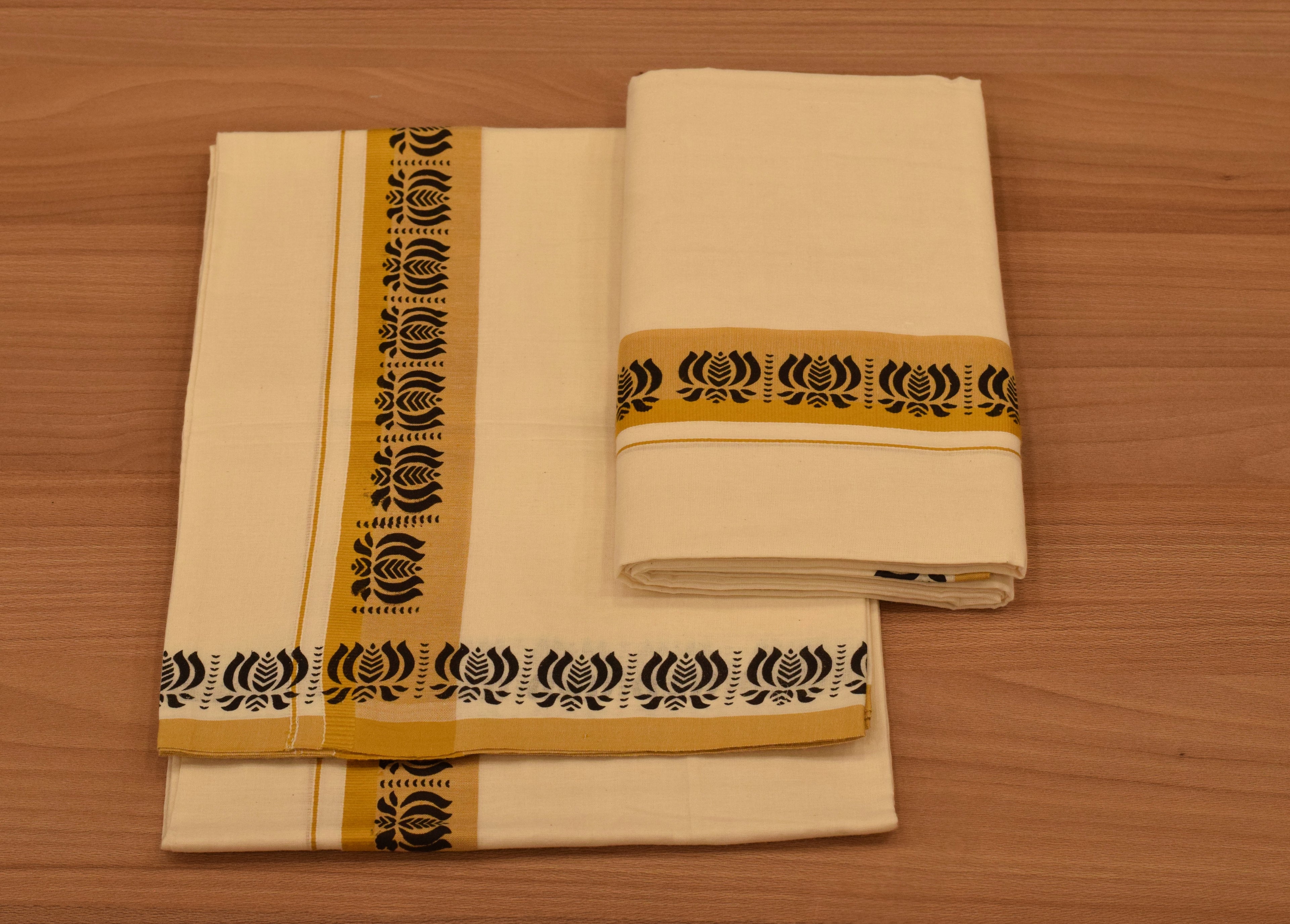 Women's Kerala Set Mundu with Traditional Printed Border | Off-White Cotton 2-Piece Ethnic Set