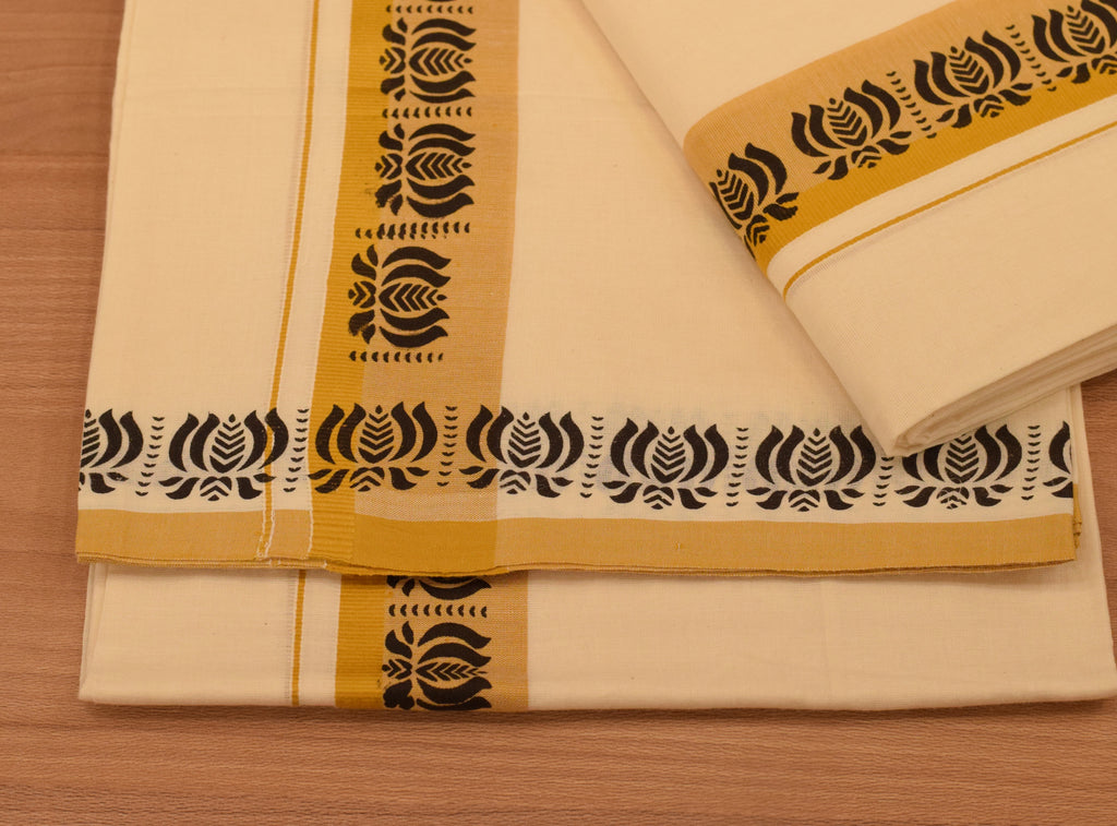 Women's Kerala Set Mundu with Traditional Printed Border | Off-White Cotton 2-Piece Ethnic Set