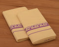 Women's Kerala Set Mundu with Purple Floral Printed Border | Off-White Cotton Traditional 2-Piece Set