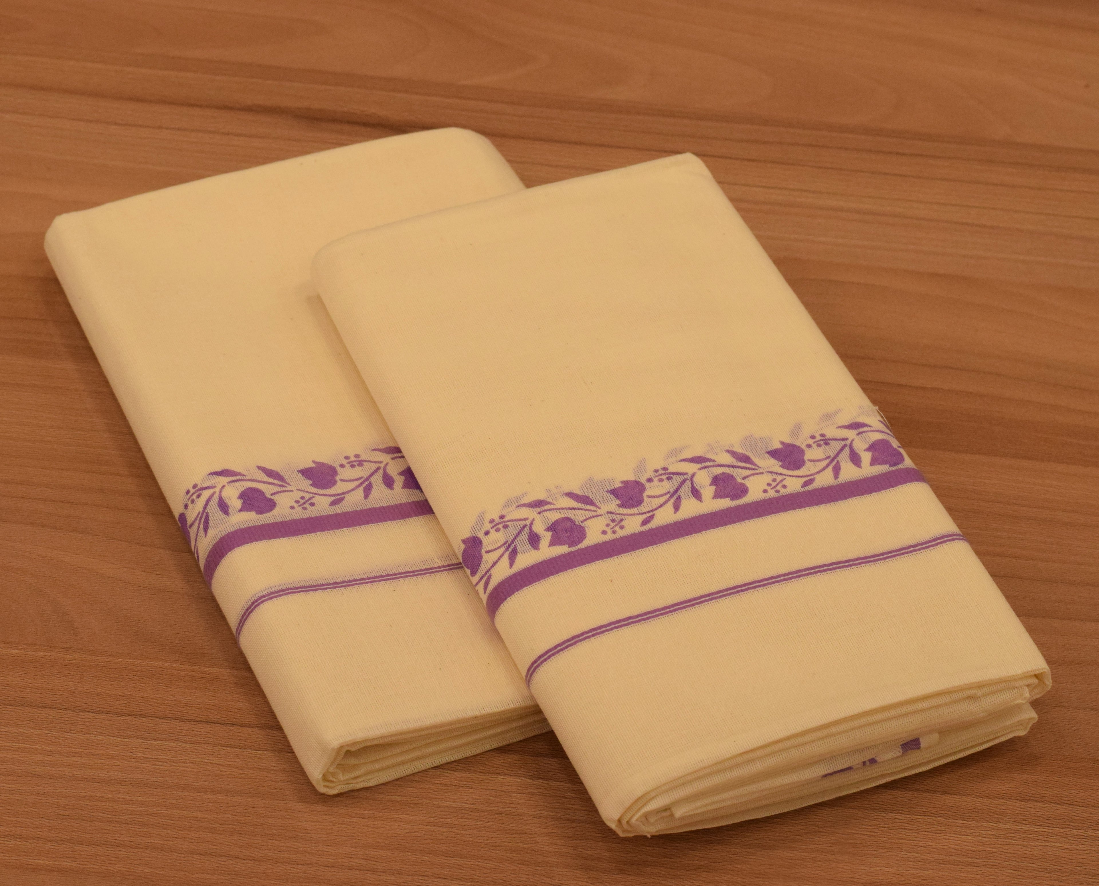 Women's Kerala Set Mundu with Purple Floral Printed Border | Off-White Cotton Traditional 2-Piece Set