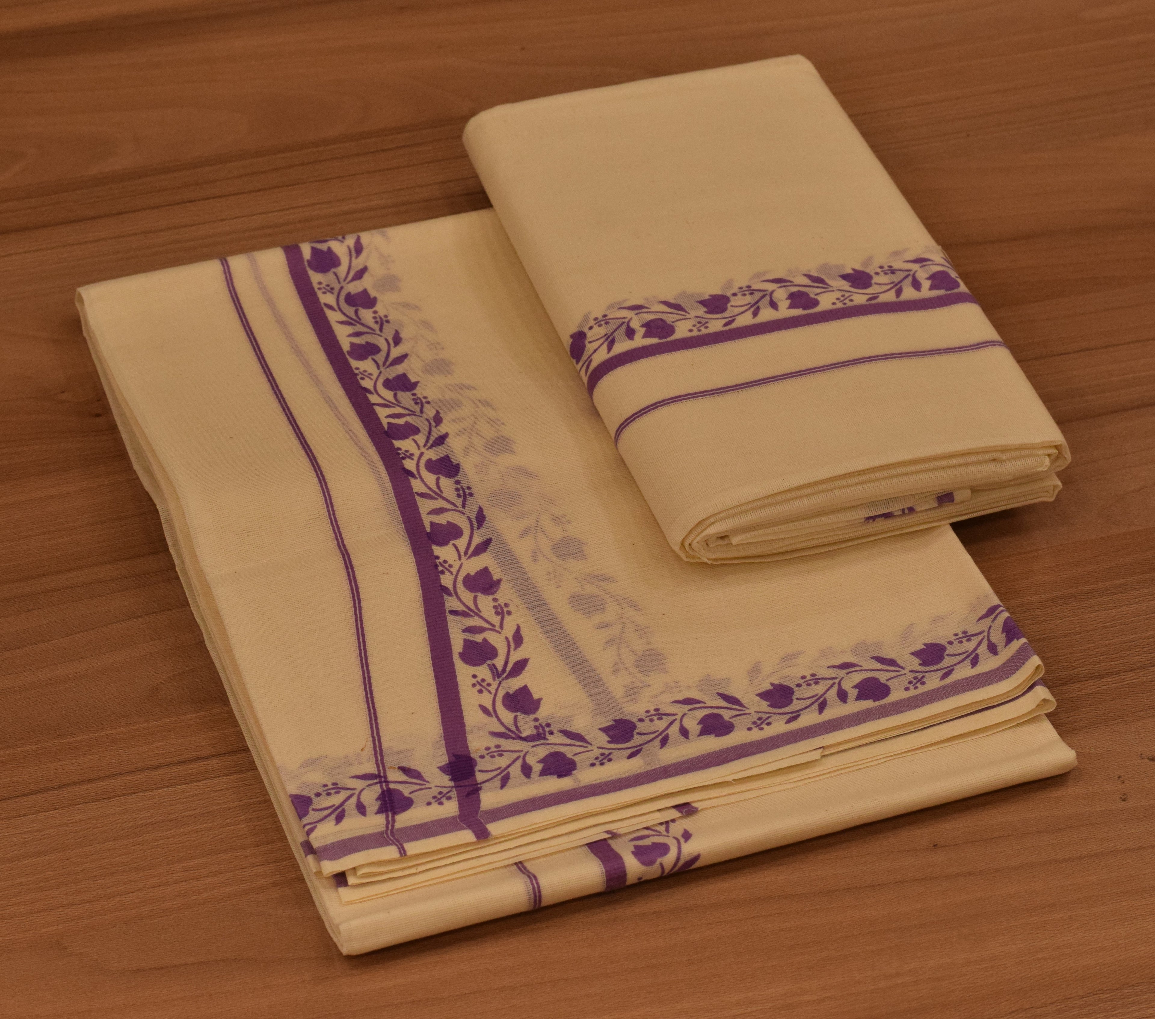 Women's Kerala Set Mundu with Purple Floral Printed Border | Off-White Cotton Traditional 2-Piece Set