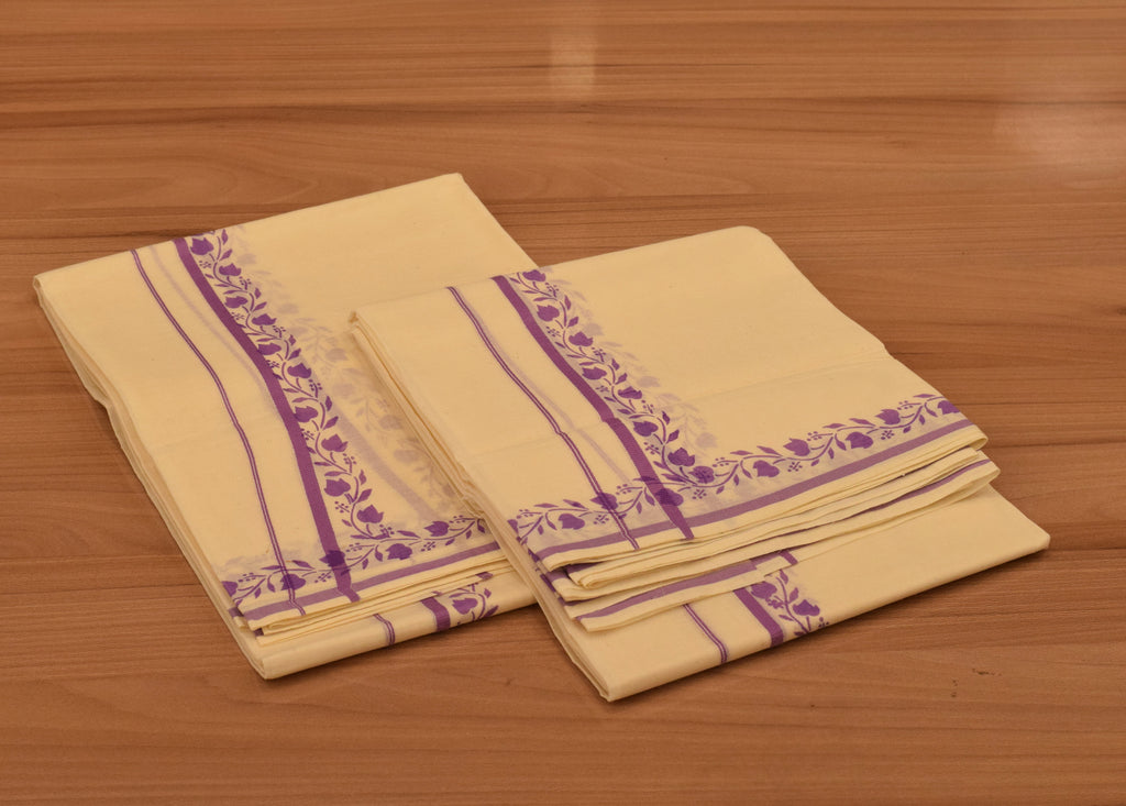 Women's Kerala Set Mundu with Purple Floral Printed Border | Off-White Cotton Traditional 2-Piece Set
