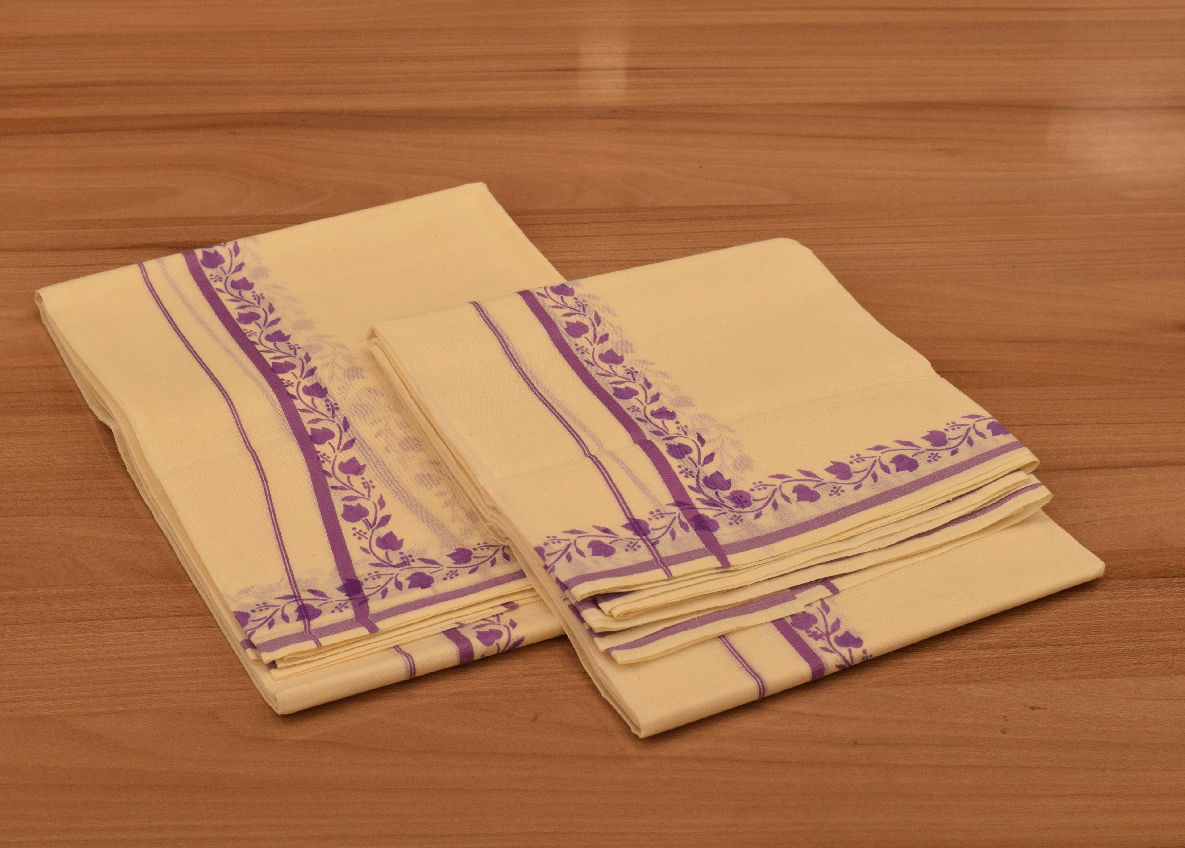 Women's Kerala Set Mundu with Purple Floral Printed Border | Off-White Cotton Traditional 2-Piece Set