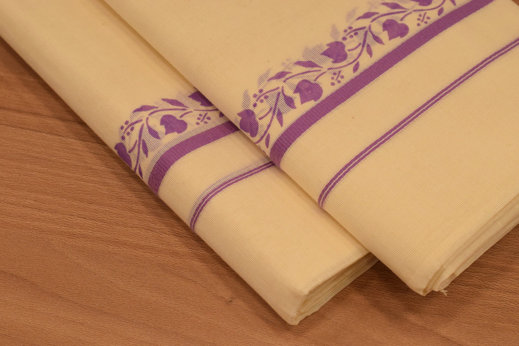 Women's Kerala Set Mundu with Purple Floral Printed Border | Off-White Cotton Traditional 2-Piece Set