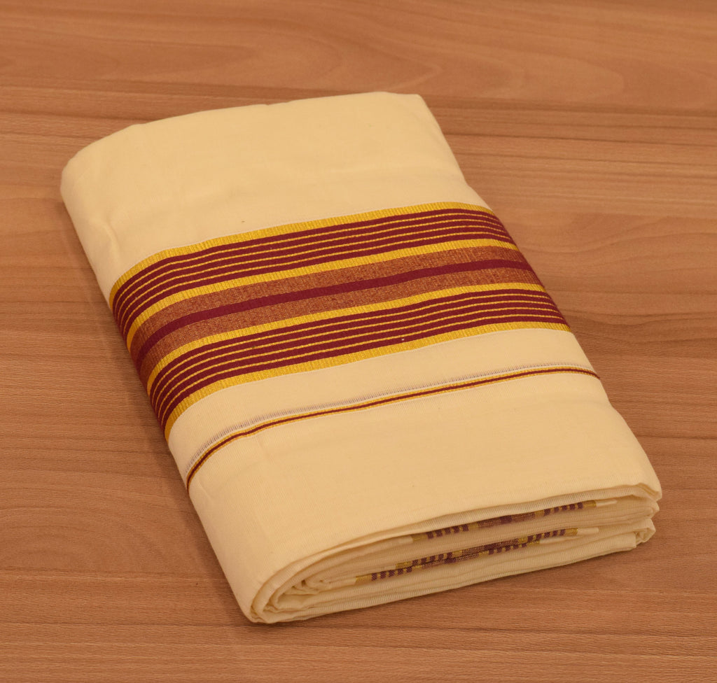 Women's Kerala Set Mundu with Maroon & Gold Striped Border | Off-White Cotton Traditional 2-Piece Set