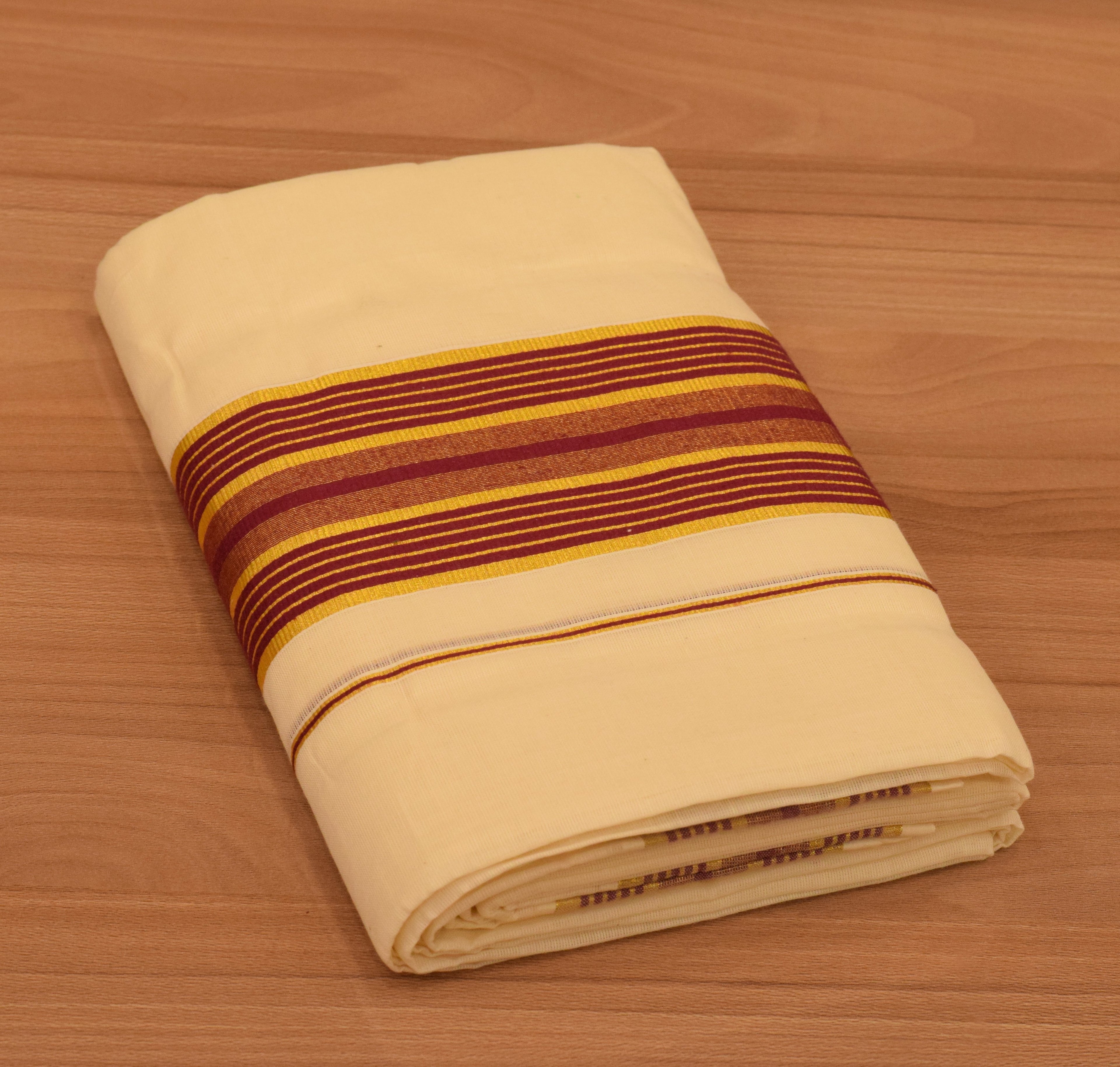Women's Kerala Set Mundu with Maroon & Gold Striped Border | Off-White Cotton Traditional 2-Piece Set