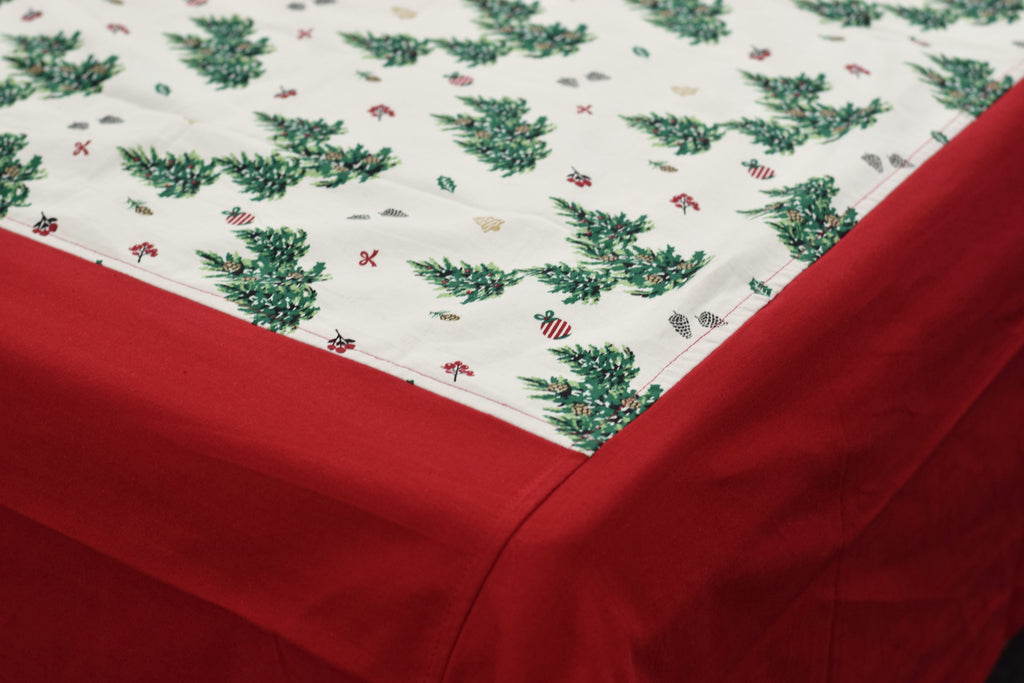 King Size Cotton Bedspread – Green Botanical Print with Red Border | 100 × 110 Inches