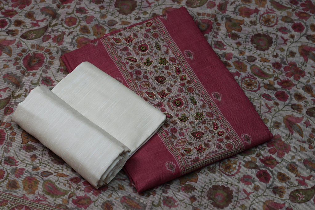 Elegant Pink Chentheri Churidar Dress Material Set with Embroidered Panel & Cream Bottom Fabric